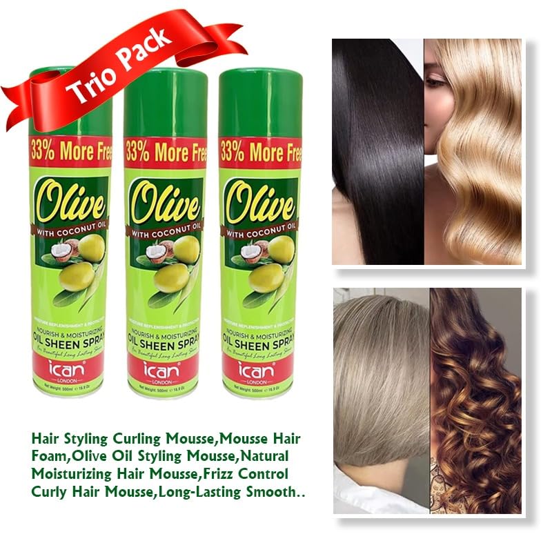 London Olive Oil & Coconut Oil Moisturizing Sheen Spray - 3 Pack (500ml Each) for Hair Hydration & Shine - Perfect for Dry, Damaged Hair & Daily Styling