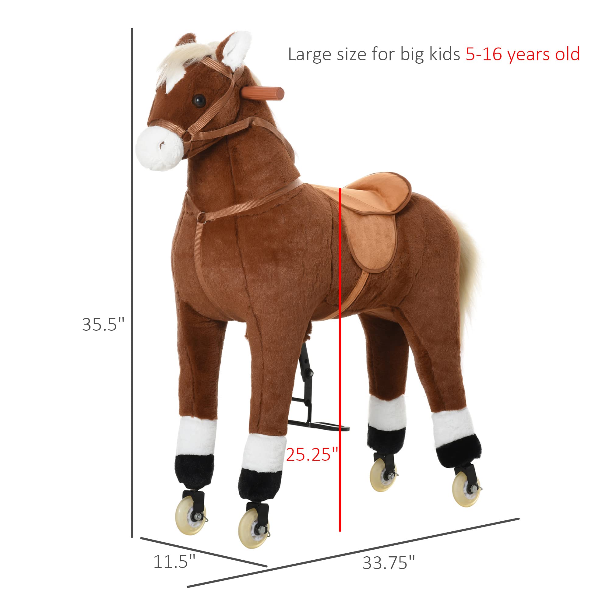 Qaba Kids Ride-on Walking Horse Toy with Easy Rolling Wheels - Soft Huggable Plush Body - Large Size for Ages 5-16 - Perfect for Indoor Play, Outdoor Fun & Imaginative Playtime