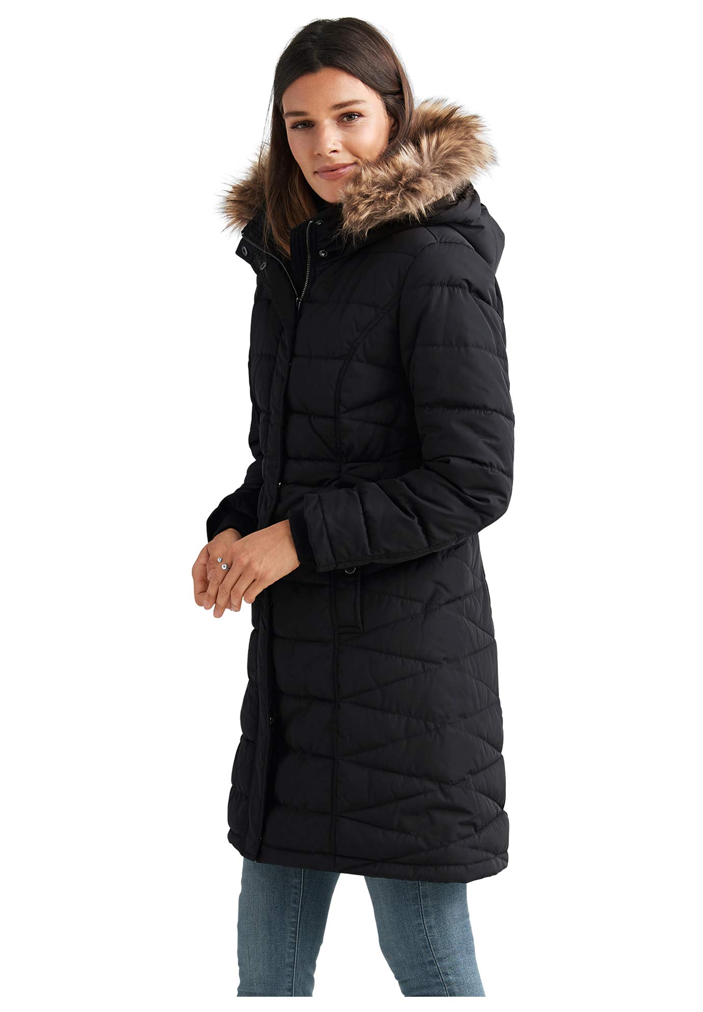 Ellos Women's Plus Size Faux Fur Trim Puffer Coat - Winter Warm Jacket for Cold Weather, Outdoor Activities & Fashion