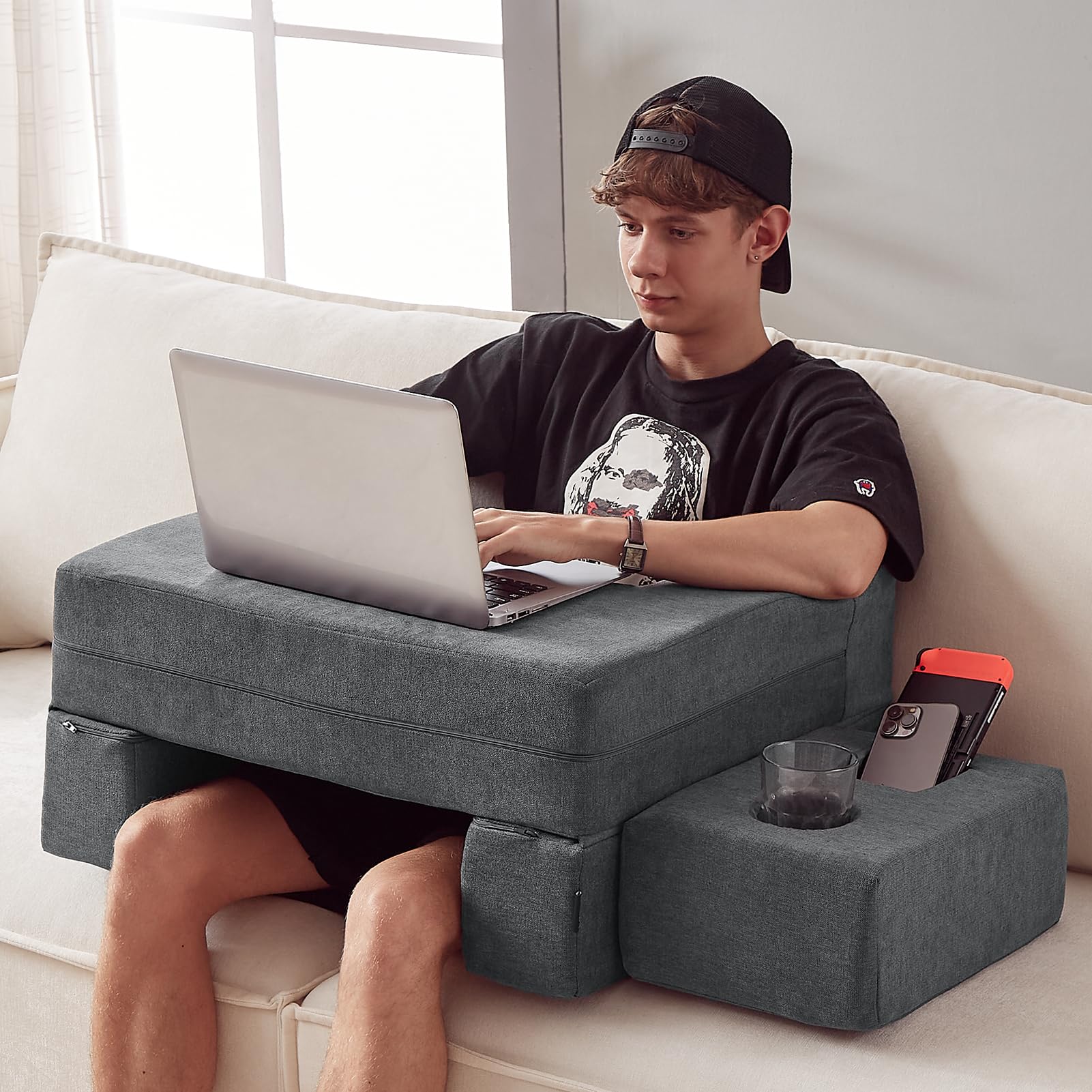 Memory Foam Lap Desk Pillow for Adults - Portable Bed & Sofa Workstation with Cup Holder & Arm Rest - Perfect for Reading, Working, Crocheting & Laptop Use in Bed, Floor or Couch (Grey)