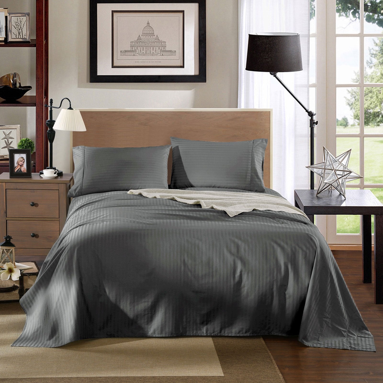 Premium 1200 Thread Count 100% Egyptian Cotton Sheet Set - Queen Size, Charcoal Stripe, Hotel Luxury Bedding for Ultimate Comfort | Perfect for Master Bedrooms, Guest Rooms & Airbnb Listings