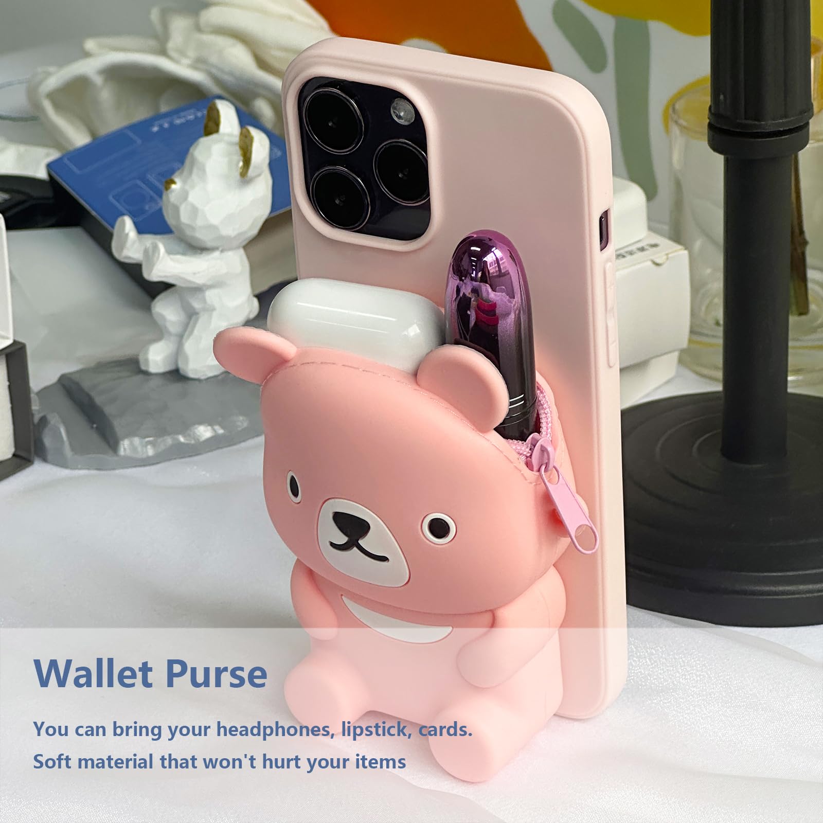 UnnFiko Cute 3D Cartoon Bear Wallet Phone Case for iPhone 12 Pro Max - Soft Silicone Protective Cover with Card Holder & Stand - Perfect Gift for Women & Girls (Pink) | Ideal for Daily Use, Shopping & Travel