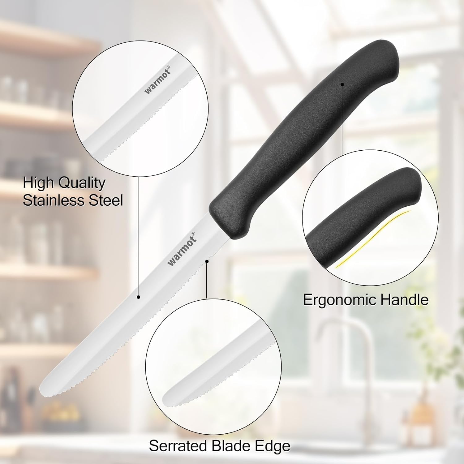 Warmot® 6-Piece Steak Knife Set - High Carbon Stainless Steel Serrated Blades with Black Handles - Perfect for Steak Dinners, BBQ Parties & Fine Dining Experience