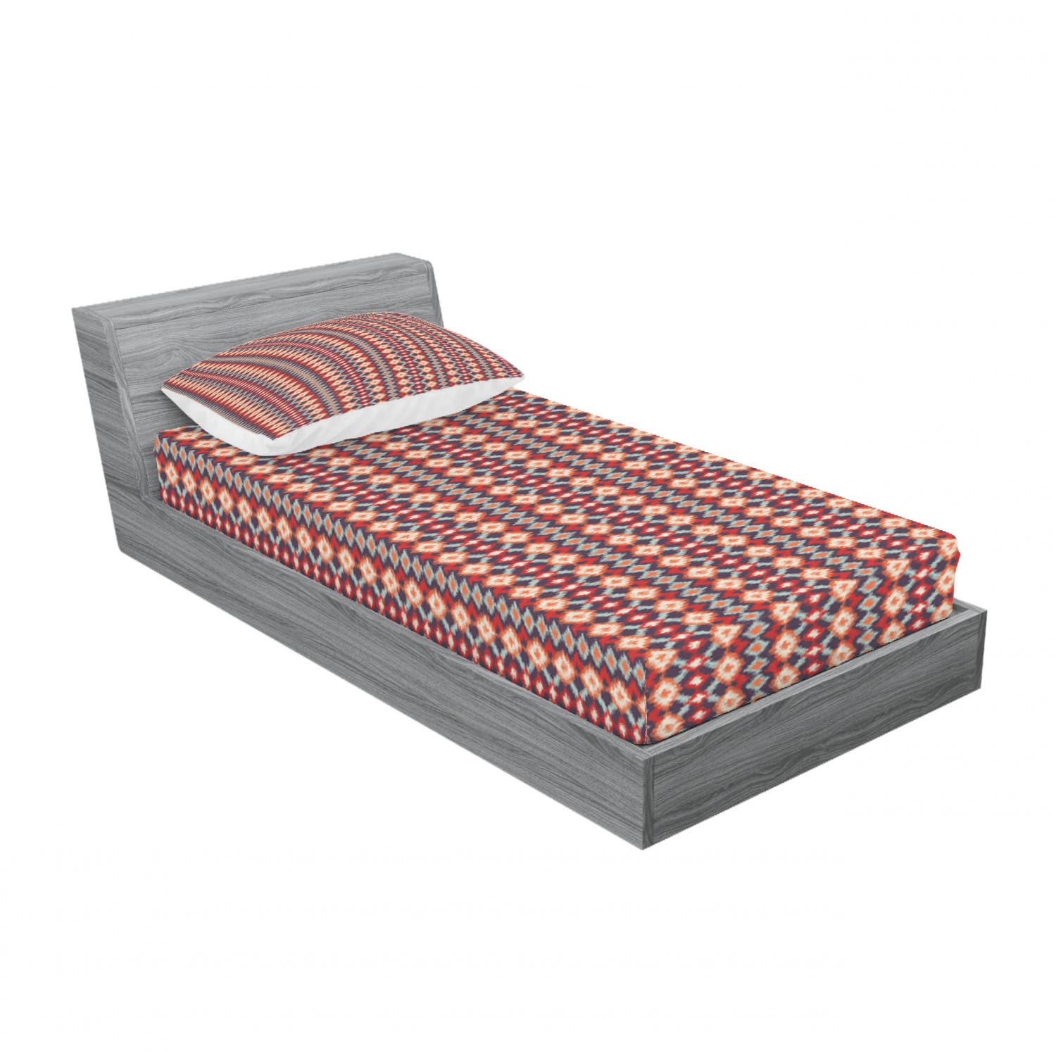 Ambesonne Ikat 2-Pack Twin Fitted Sheet & Pillow Sham Set - Indigenous Pattern 4-Piece Bedding Decor (2 Fitted Sheets + 2 Pillow Covers) in Vermilion Orange Seafoam - Perfect for Kids Rooms, Guest Beds & Dorm Decor