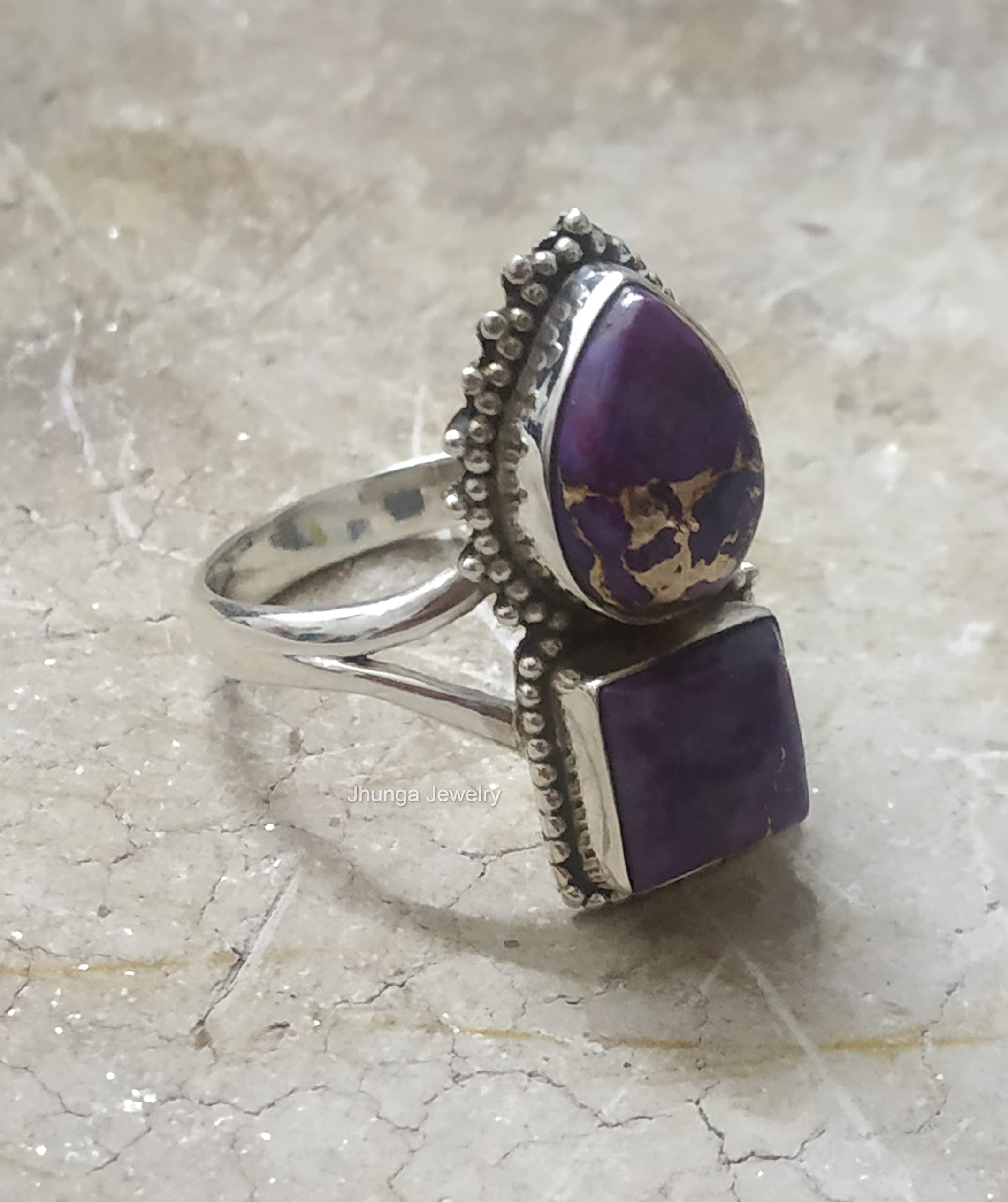 925 Sterling Silver Purple Copper Turquoise Ring - Handmade Boho Hippie Statement Ring with Healing Crystal - Vintage Style Antique Promise Ring for Women | Perfect for Boho Fashion, Spiritual Healing & Unique Gift Giving