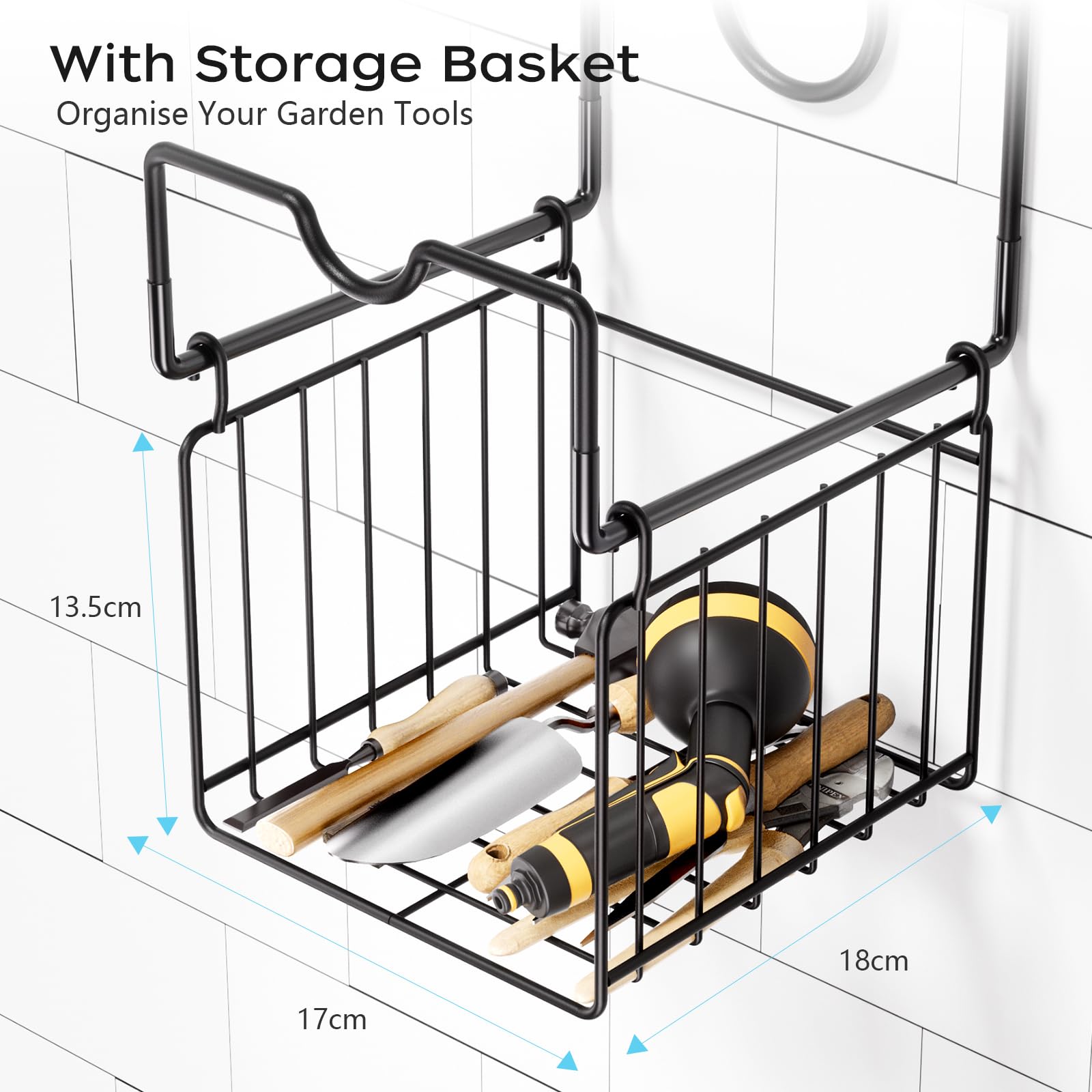 Heavy Duty Metal Hose Holder - Wall Mount with Storage Basket for Garden, Yard, Garage - Durable Outdoor Water Hose Organizer