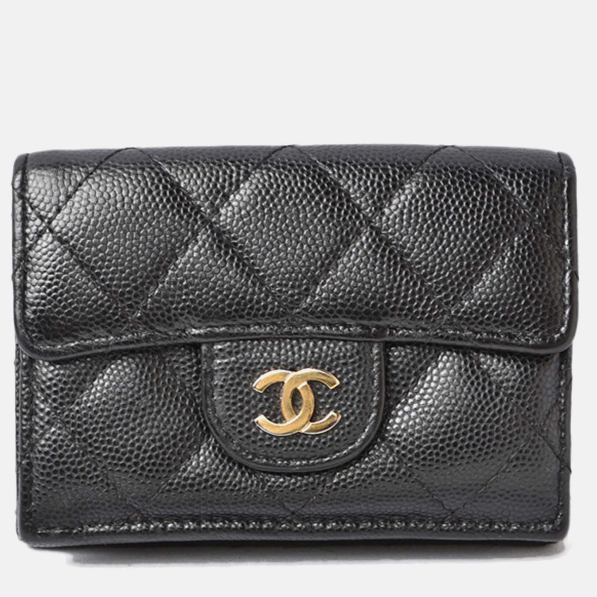 Premium Black Caviar Leather Compact Wallet for Women - Slim RFID Blocking Credit Card Holder - Perfect for Travel, Business & Everyday Use