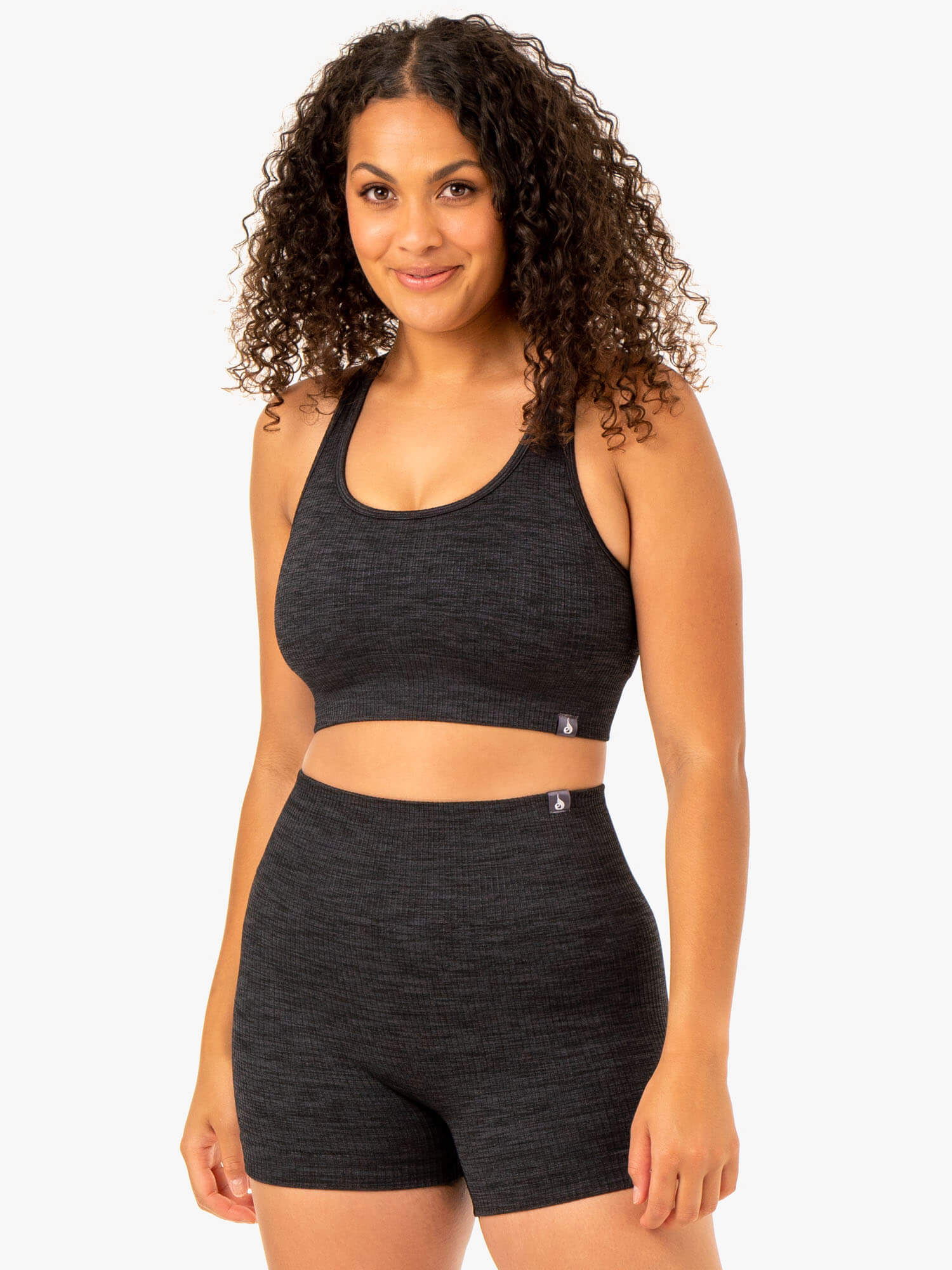 High-Waisted Rib Seamless Sports Bra for Women - Breathable Workout Top - Black Marble - Gym, Yoga & Running Activewear