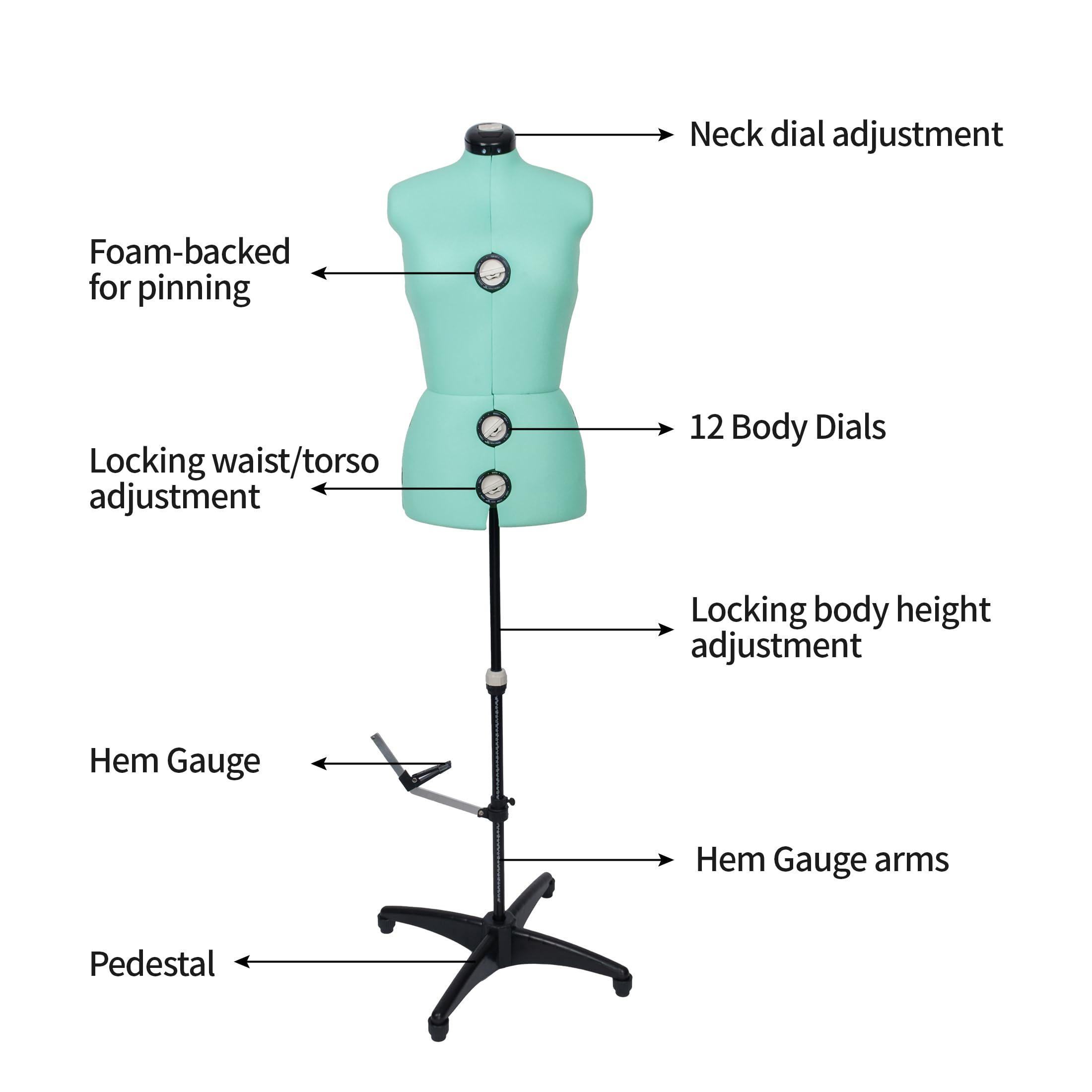 BHD BEAUTY 13-Dial Adjustable Dress Form Mannequin - Mint Green Fabric Torso with Tripod Stand, Up to 70