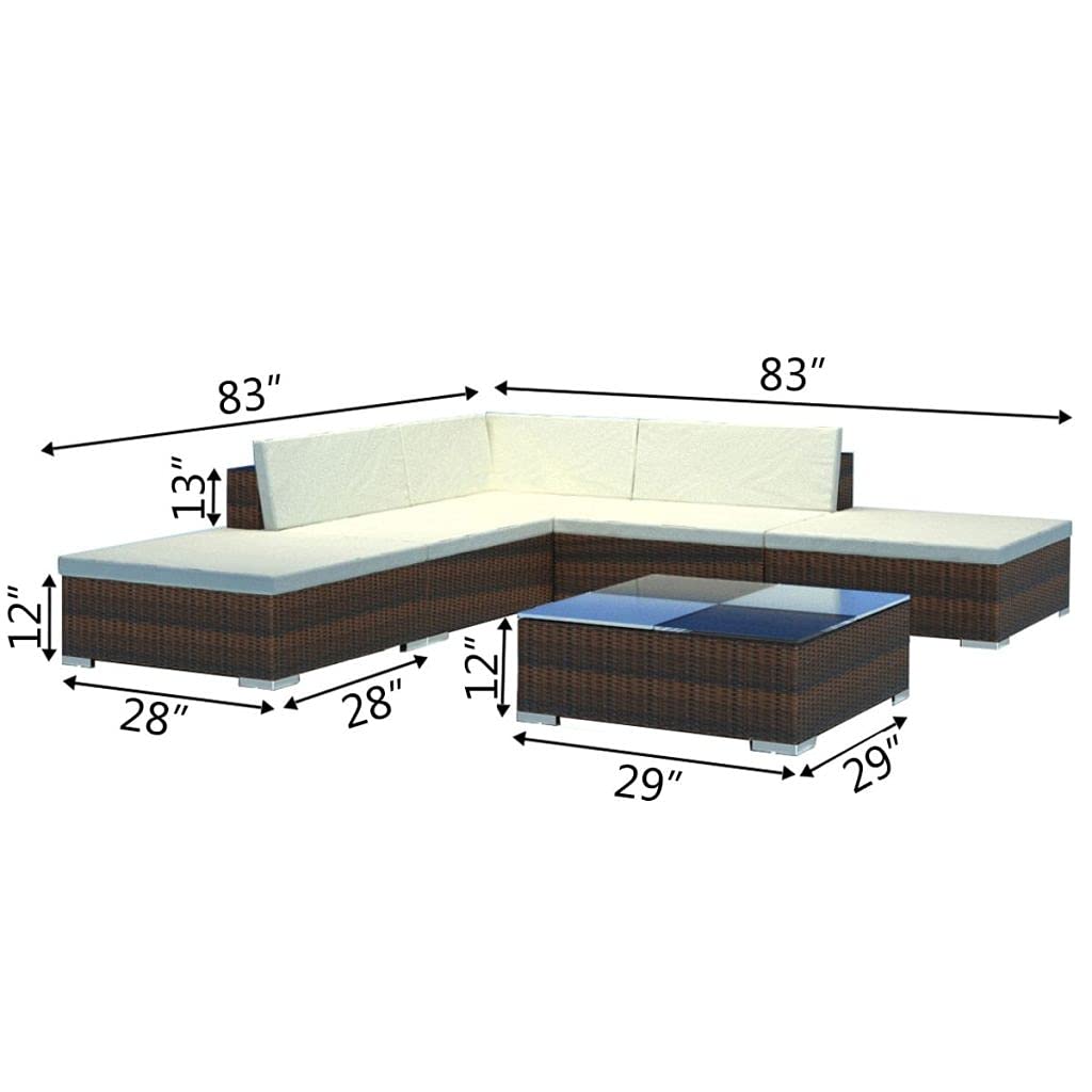 6-Piece Brown Poly Rattan Garden Lounge Set with Cushions & Glass Coffee Table - Outdoor Patio Furniture Sectional Sofa Conversation Set for Backyard, Poolside & Deck Relaxation