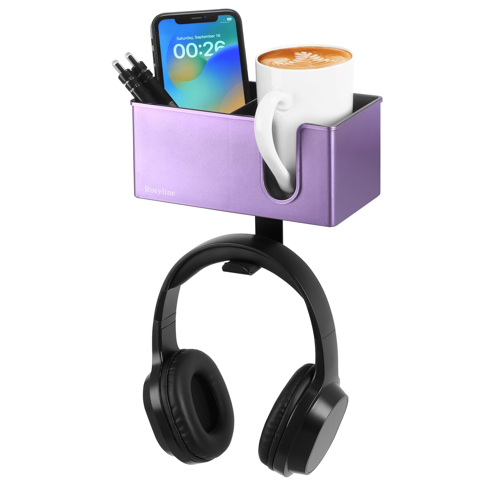 ROSYLINE 3-in-1 Desk Organizer with Cup Holder, Pen Holder & Headphone Hook - Purple ABS & Metal Design for Office, Home & Dorm Organization
