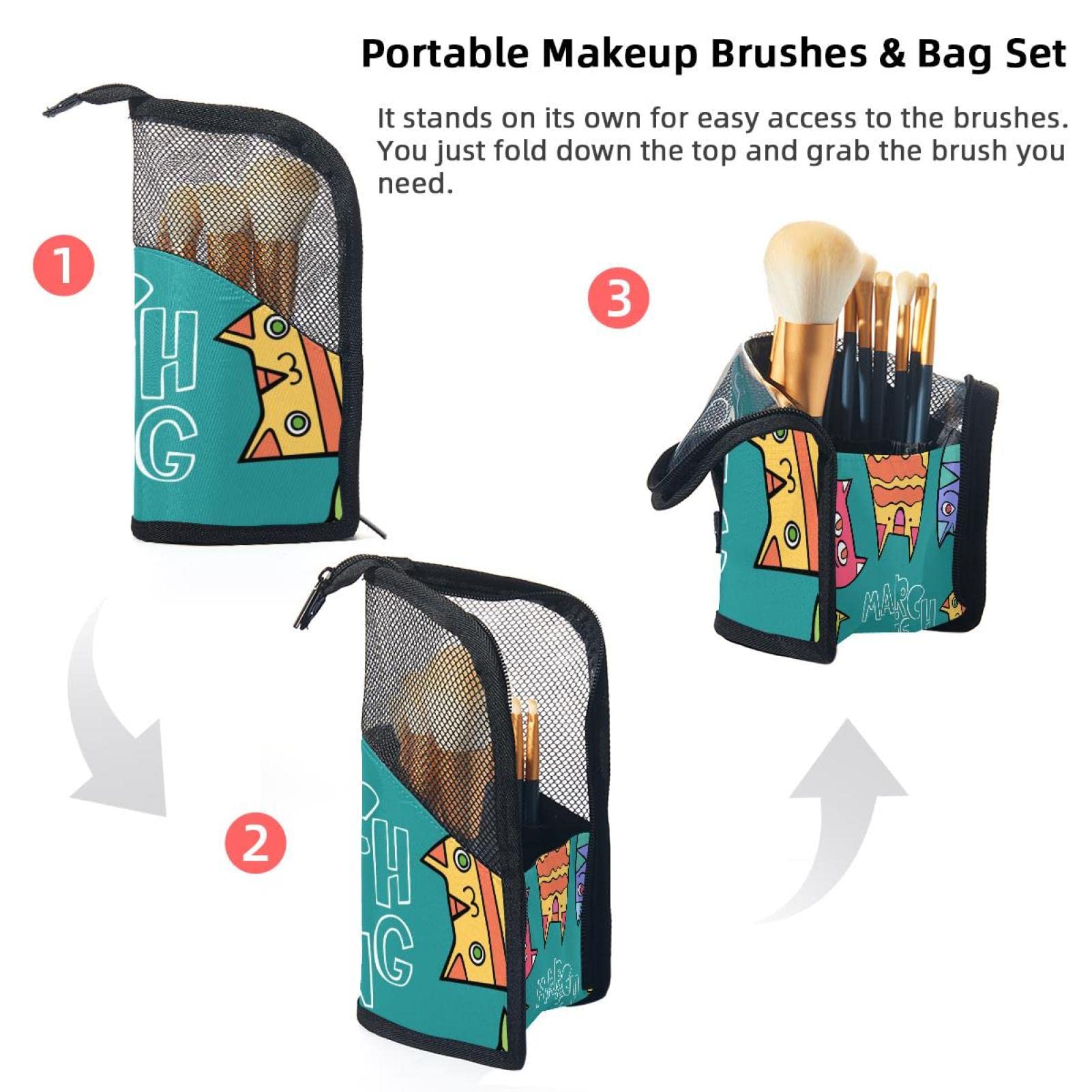 Portable Makeup Brush Organizer Bag with 12 Brushes - Cute Cat Monster Design, Travel Cosmetic Brush Holder Case for Professional Makeup Artists & Beauty Enthusiasts