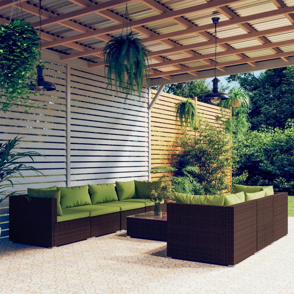 8-Piece Patio Lounge Set with Cushions - Comfortable Outdoor Furniture, Modular Design, Weather-Resistant Poly Rattan & Steel Frame in Brown/Green - Perfect for Garden, Poolside, and Backyard Relaxation
