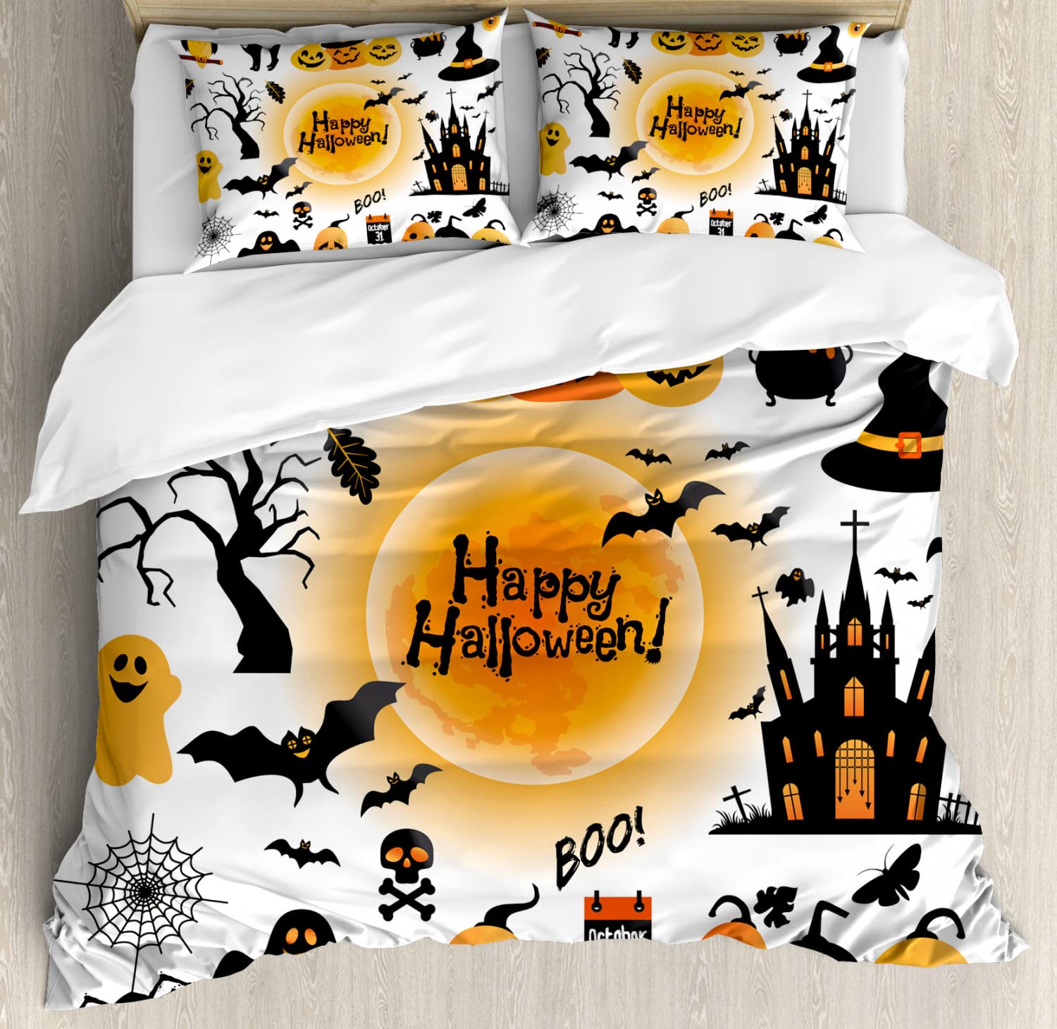 Ambesonne Halloween Duvet Cover Set - Spooky Haunted House, Owl & Black Cat Design with Trick or Treat Candy - 2-Pack Queen Size Bedding Set (2 Duvet Covers + 4 Pillowcases) in Orange & Black - Perfect for Halloween Decor & Seasonal Bedroom Makeover