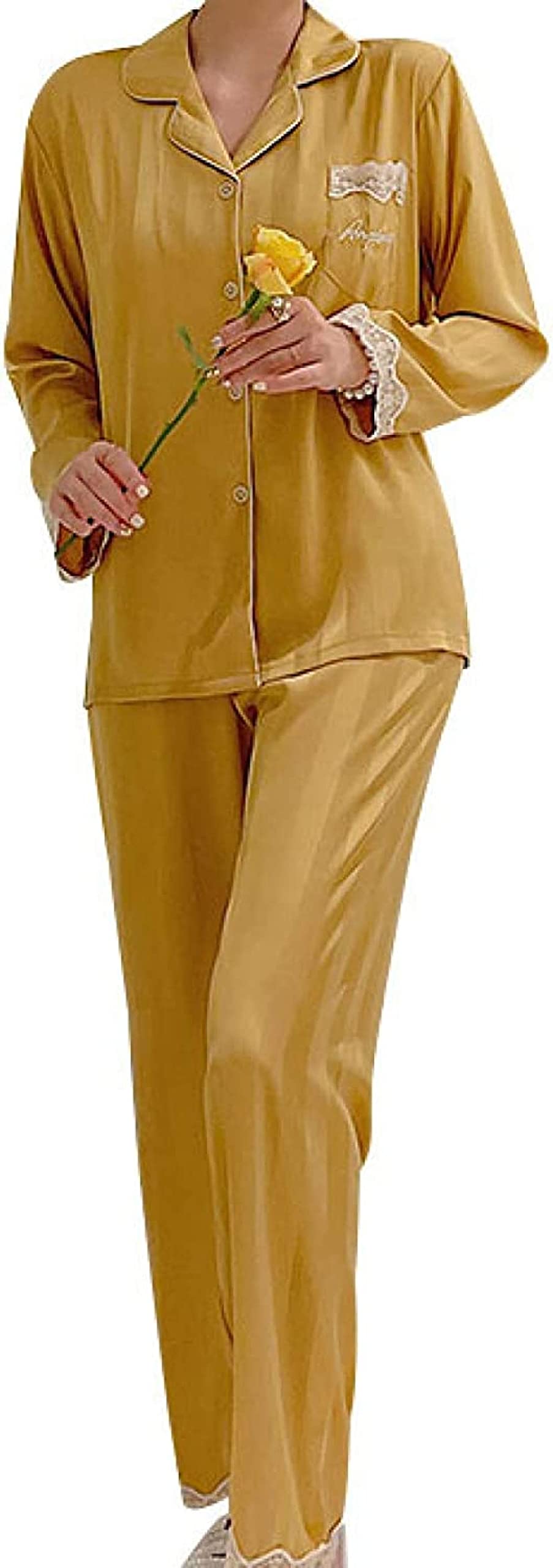 Women's Lace Silk Satin Pajama Set - 2-Piece Long Sleeve Comfortable Sleepwear Loose Fit Button Down PJs for Lounge & Bedtime | Perfect for Relaxing at Home, Gift Giving & Special Occasions