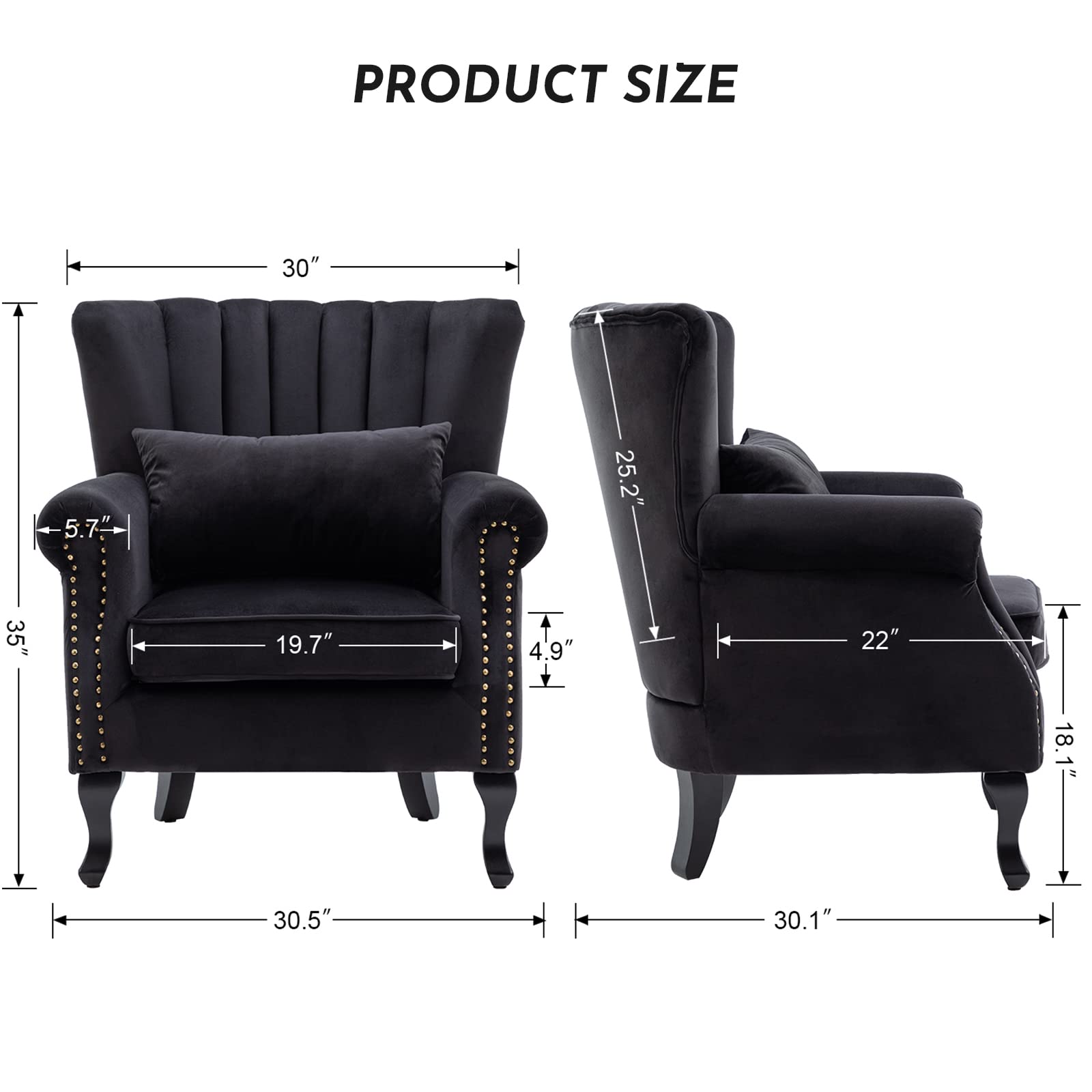 Mid Century Modern Accent Reading Arm Chair - Tufted Wingback Club Chair with Velvet Upholstery for Living Room, Bedroom & Reception Areas - Comfy Corner Sofa Chair for Relaxing, Reading & Waiting Rooms - Black