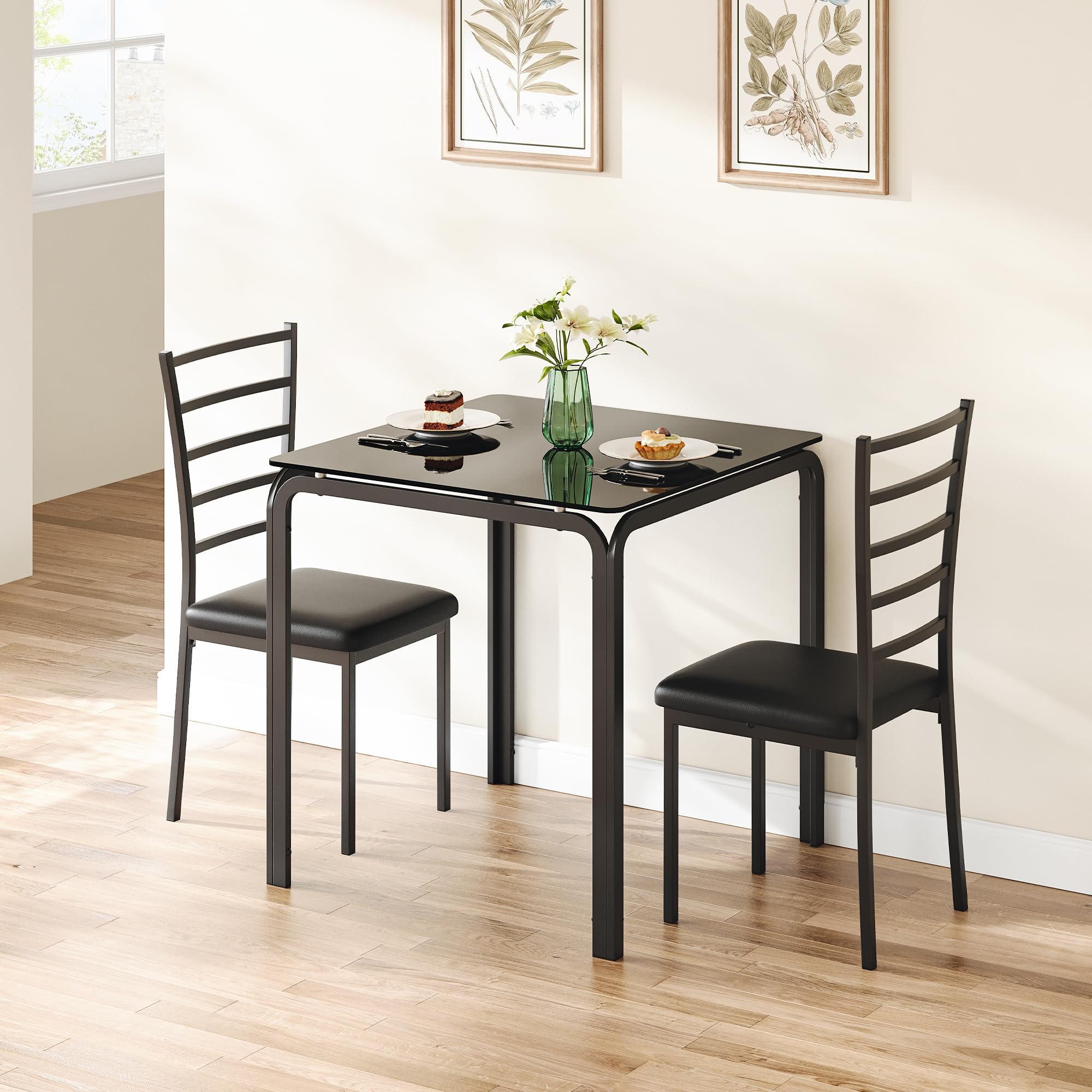 IDEALHOUSE 3-Piece Square Glass Dining Table Set for 2 - Compact Kitchen & Dinette Set with 2 Chairs - Perfect for Small Spaces, Apartments & Breakfast Nooks