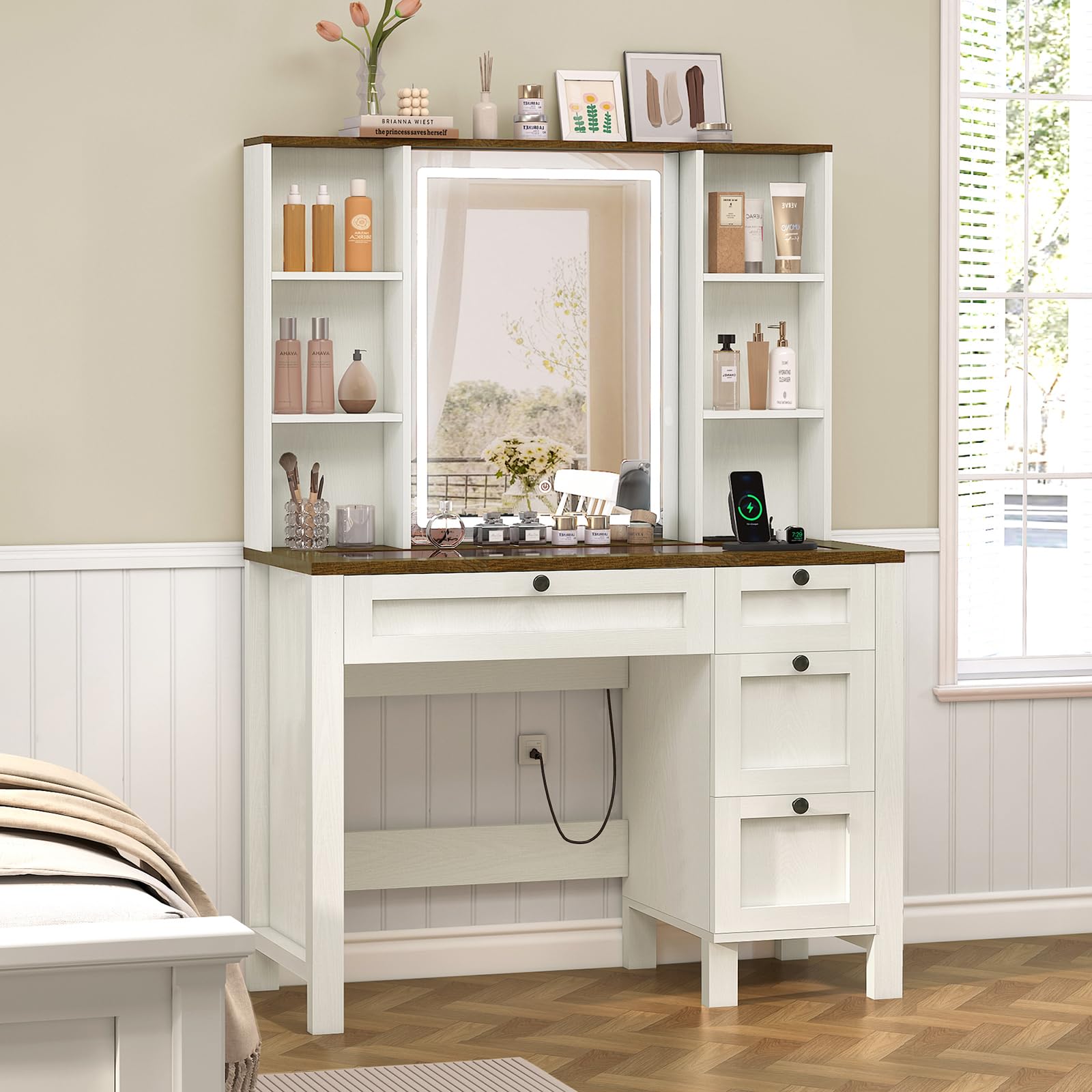 Antique White Vanity Desk with Mirror, Lights & Power Outlet - Makeup Vanity Set with Glass Tabletop, 4 Drawers & 6 Shelves - Perfect for Bedroom, Dressing Room & Beauty Salon Organization