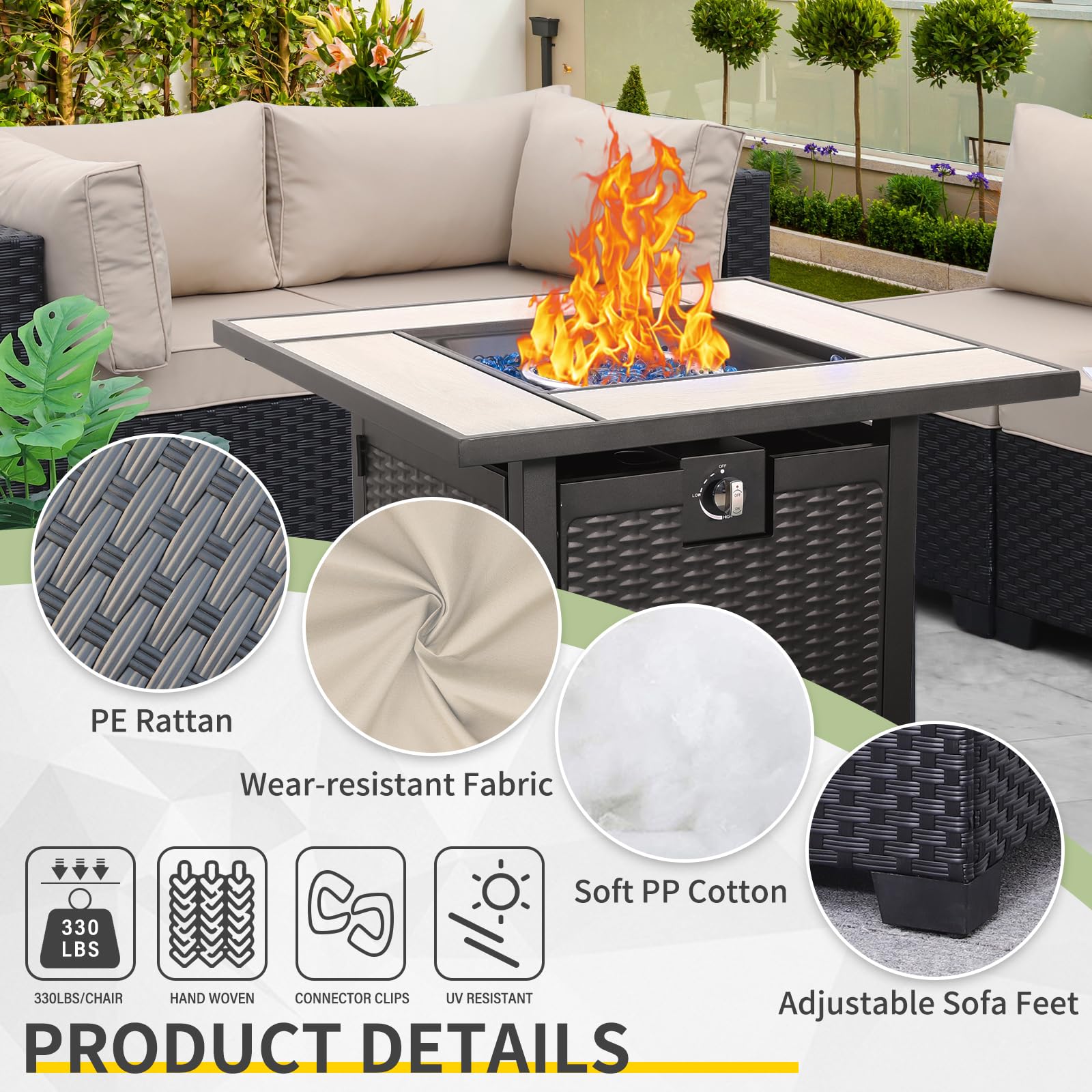 Outdoor PE Wicker 5-Piece Patio Furniture Set - Black Rattan Sectional Sofa with Fire Pit Table & Khaki Cushions | Perfect for Backyard, Garden, Poolside & Outdoor Conversations