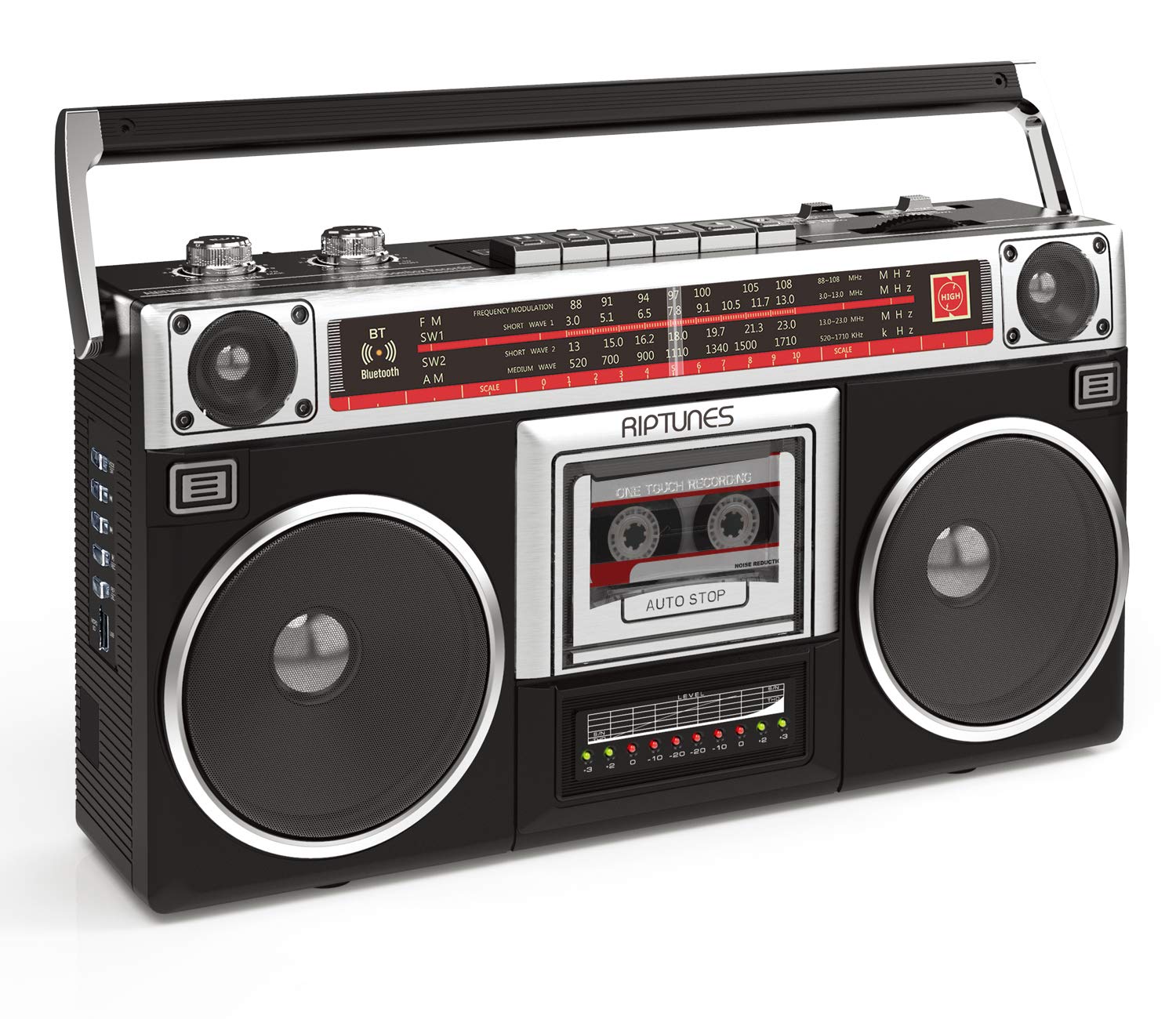 Riptunes Boombox Radio Cassette Player Recorder - AM/FM/SW1/SW2 Wireless Stereo with Bluetooth, USB/Micro SD/AUX Input, Headphone Jack - 80s Retro Style Black for Home, Office, Parties & Outdoor Activities