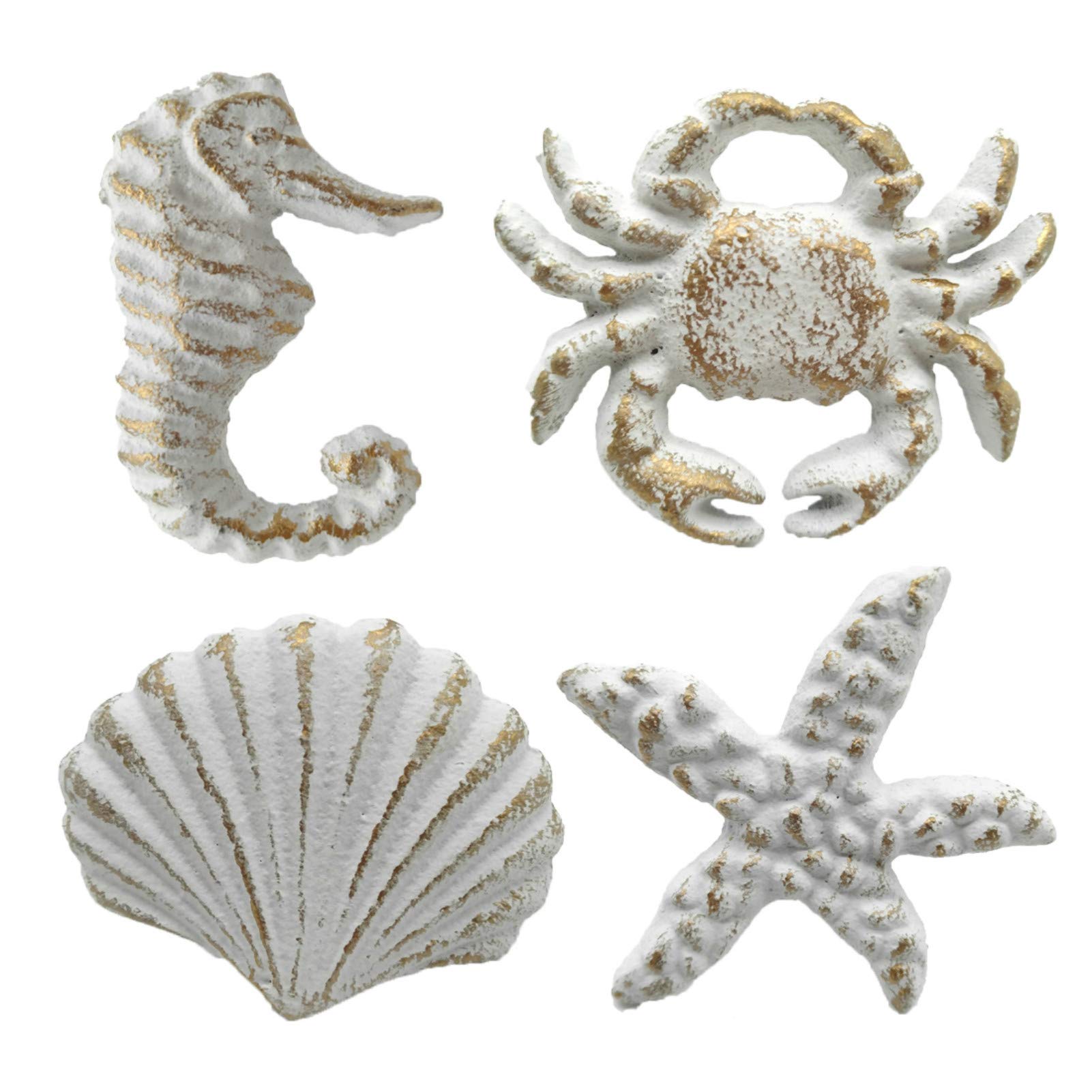 Vintage Ocean-Themed Cabinet Knobs - Distressed Cast Iron Drawer Pulls with Seahorse, Starfish, Seashell & Crab Designs - Pack of 4 (White) - Perfect for Beach House Decor, Kitchen Cabinets, Dressers & Wardrobes