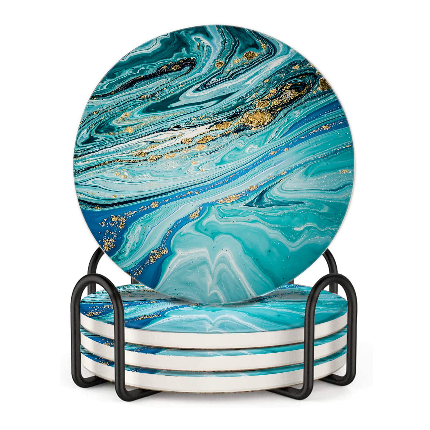 Absorbent Drink Coasters Set of 4 - 4x4 Inch Marble Design Coasters for Hot & Cold Beverages | Elegant Blue Gilt Home Decor | Perfect Housewarming, Wedding & Hostess Gifts | Ideal for Dining Tables, Coffee Bars & Kitchen Use