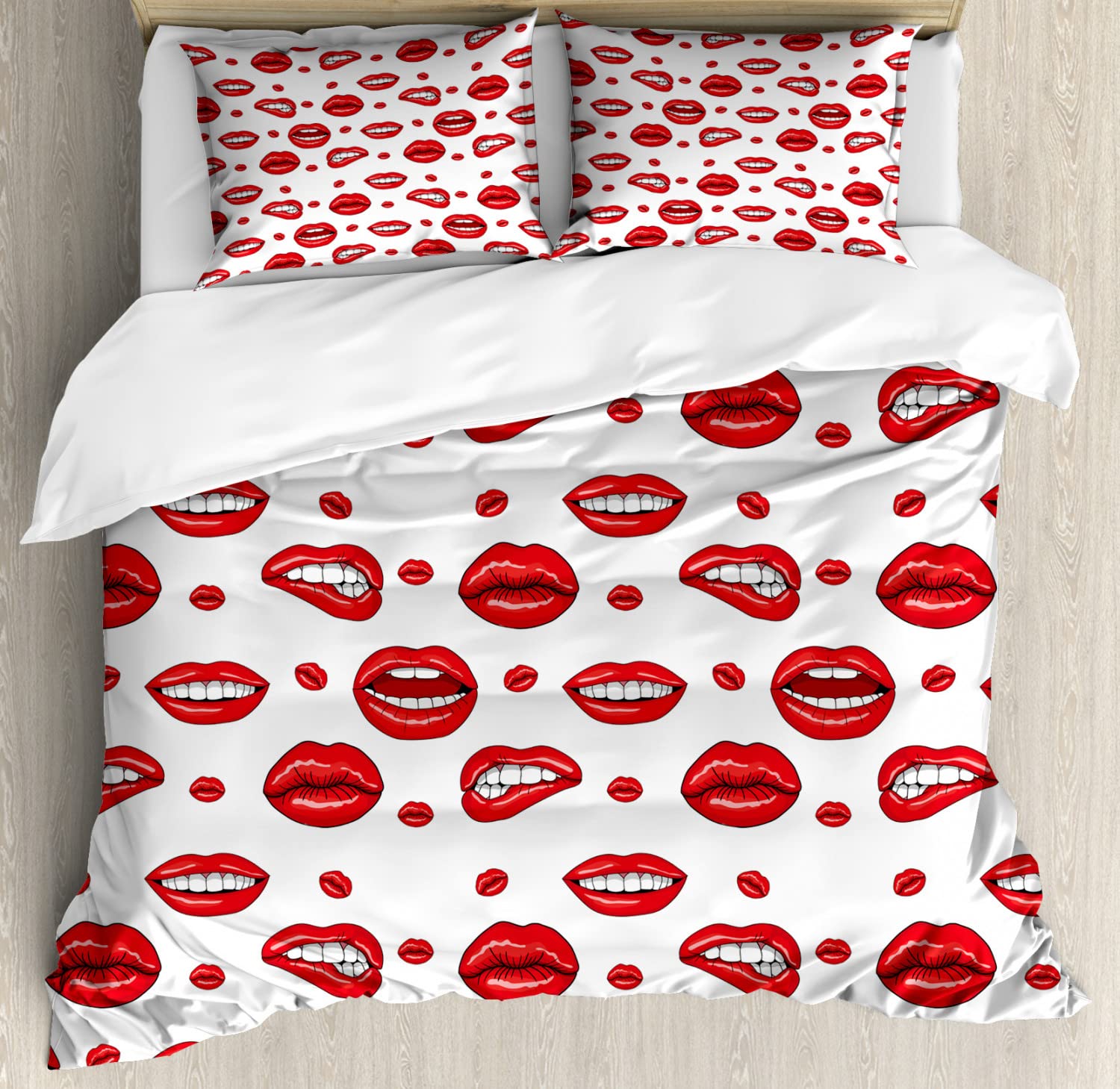 Vintage Duvet Cover Set with Women Lip Art Print - 2 Pack Twin Size Bedding Set (Vermilion & White) - Includes 2 Duvet Covers & 2 Pillowcases - Perfect for Bohemian Bedroom Decor & Unique Gift Idea
