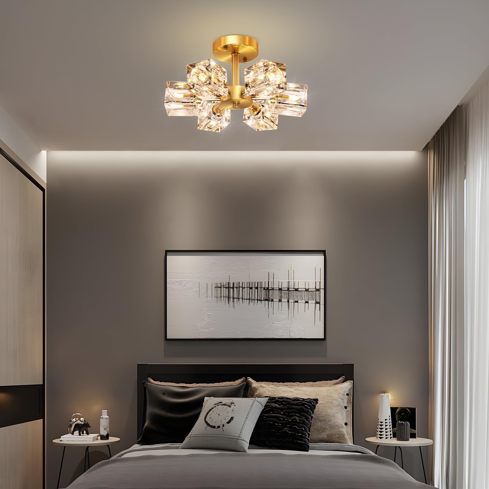 Modern 6-Light Gold Crystal Chandelier - Semi Flush Mount Ceiling Light Fixture with Brushed Nickel Finish | Elegant Sputnik Chandelier for Hallway, Entryway, Bedroom, Dining Room, Farmhouse Kitchen & Office | Perfect for Dining Room Ambiance and Bedroom Lighting