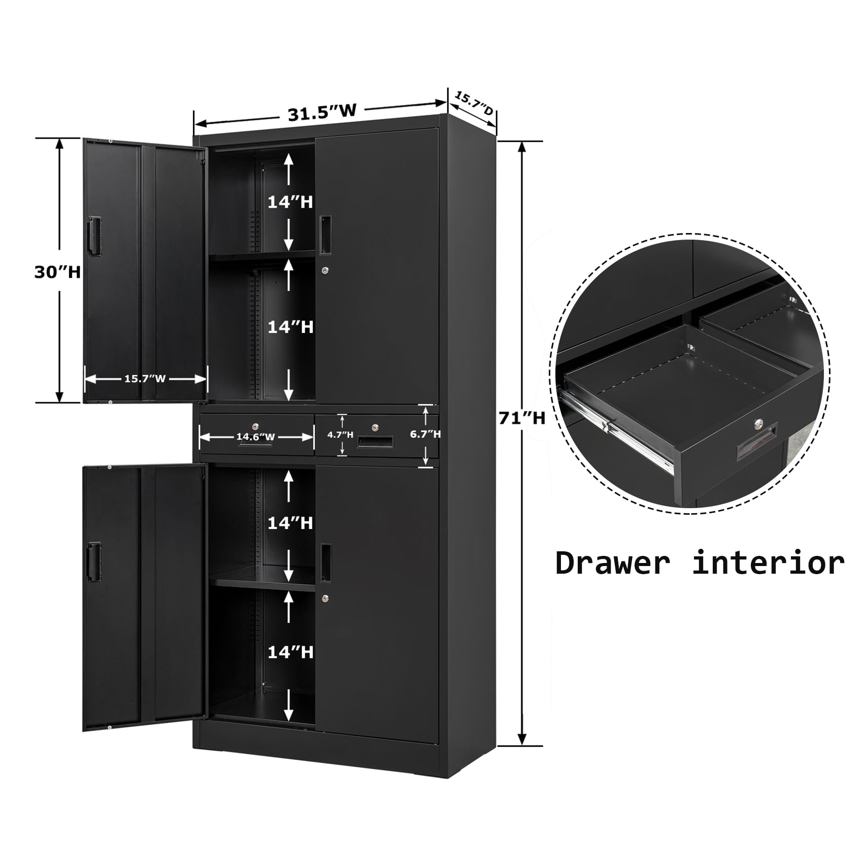 BESFUR Metal Storage Cabinet with Drawers & Adjustable Shelves - Heavy Duty Garage, Office, Classroom Organizer - Black | Perfect for Tool Storage, School Supplies & Home Organization