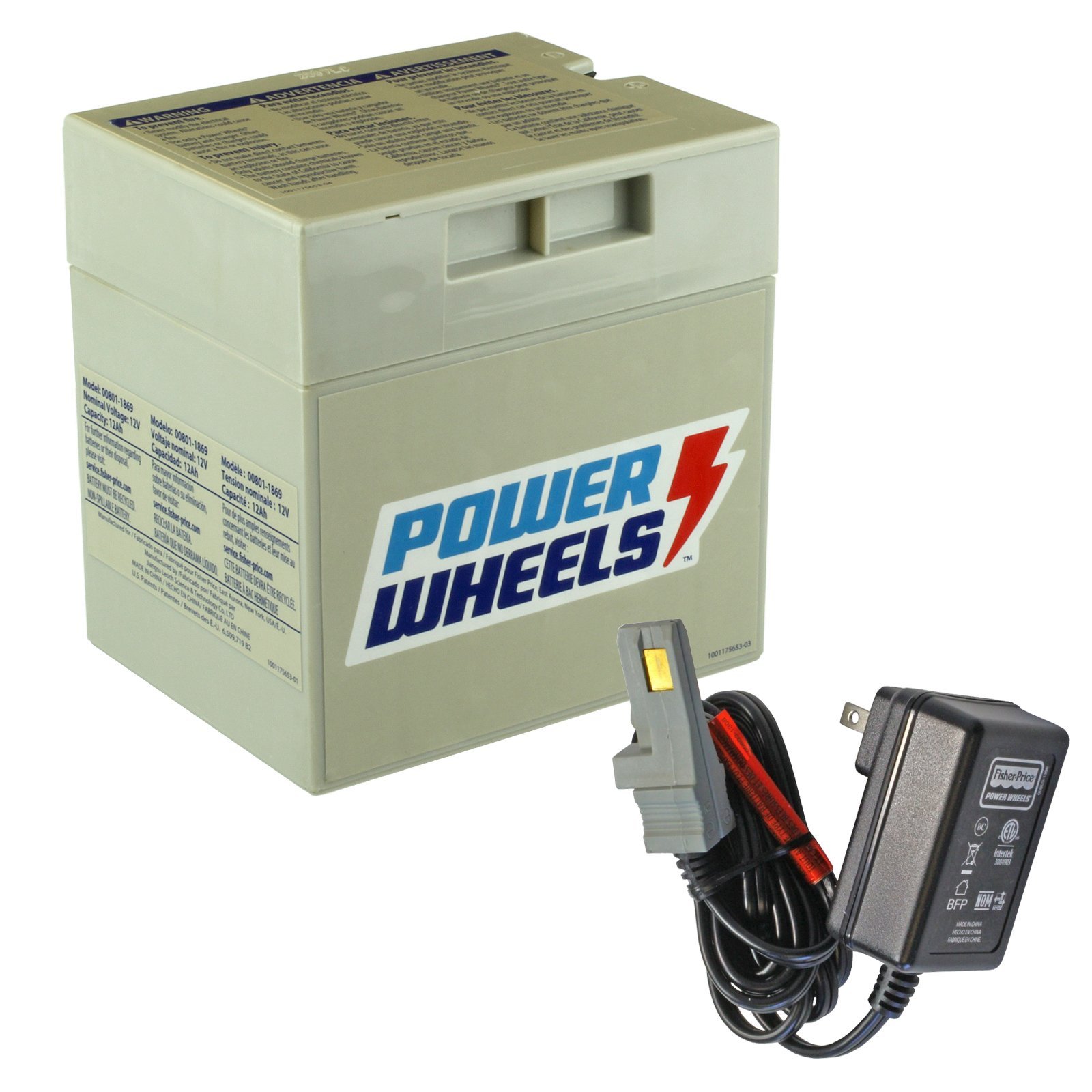 12V Gray Power Wheels Battery & 12 Volt Charger with Probe 00801-1480 - Replacement Battery for Kids Ride-On Cars, Electric Toys & Power Wheels Vehicles