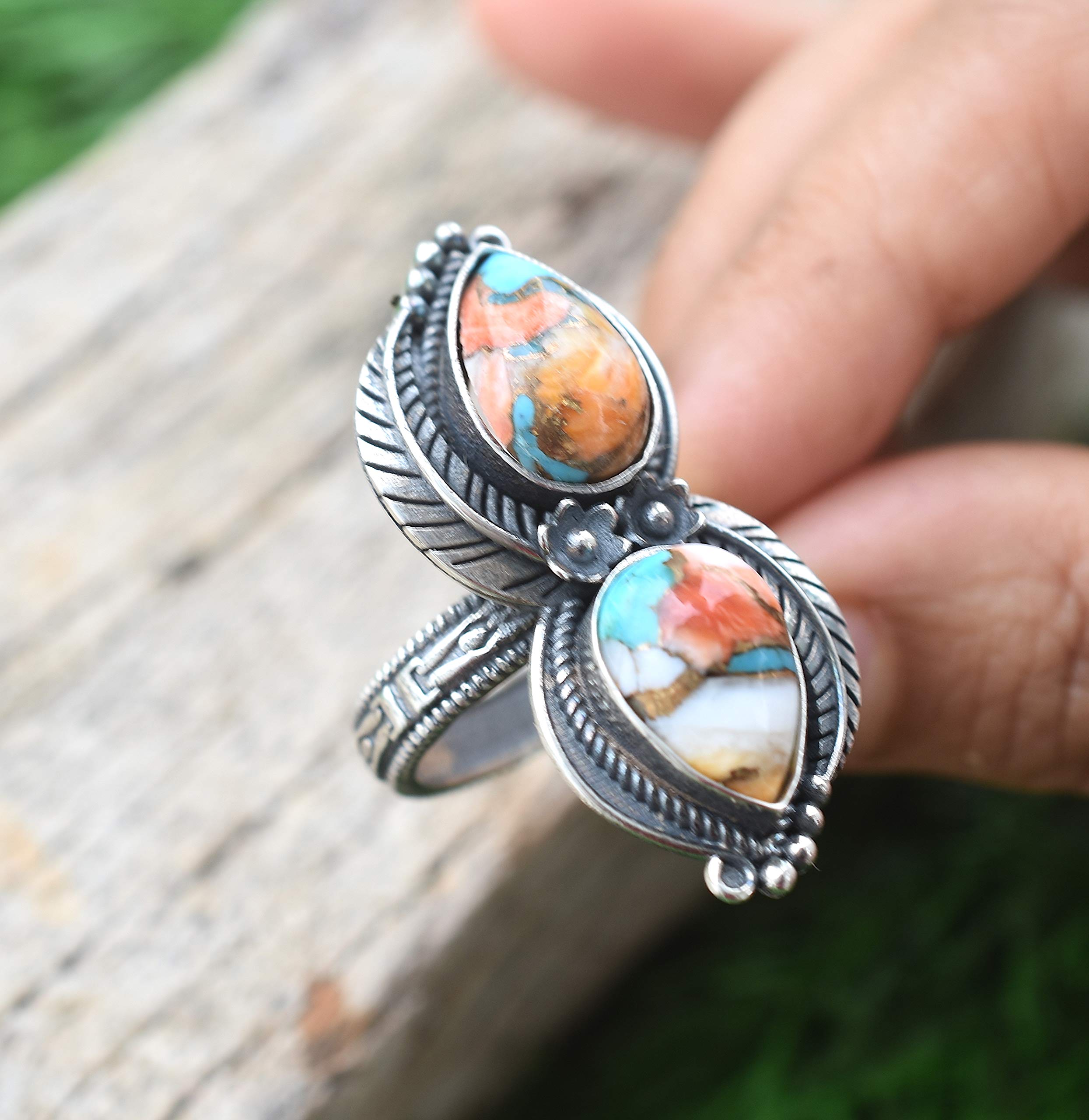 Vintage Handmade 925 Sterling Silver Oyster Copper Turquoise Ring - Boho Hippie Jewelry - Spiny Turquoise Birthstone Ring - Perfect Birthday Gift for Women - TQ-10 | Great for Festivals, Boho Fashion & Everyday Wear