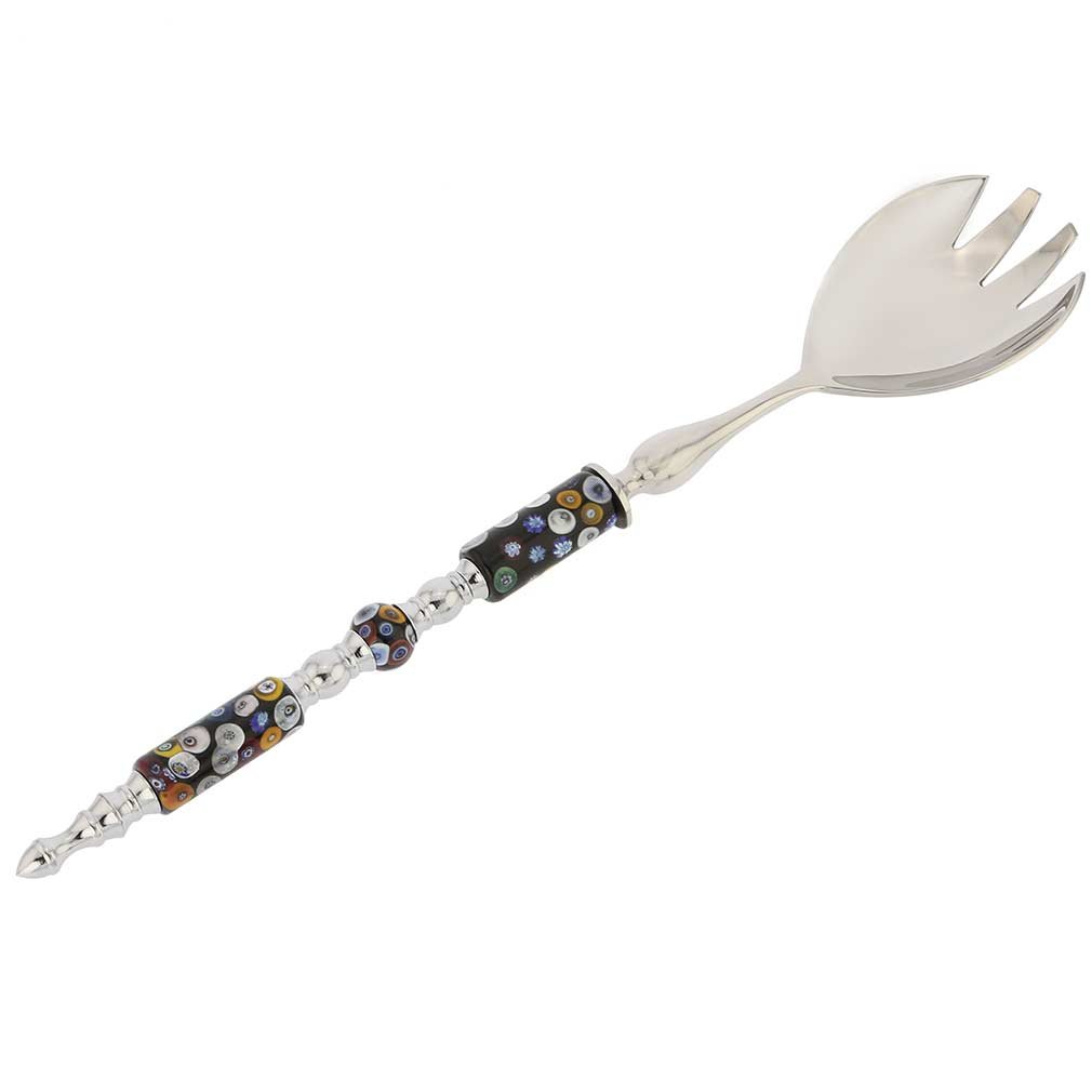 Venetian Murano Glass Salad Fork - Handcrafted Black Millefiori Italian Art Glass Flatware for Fine Dining & Wedding Gifts