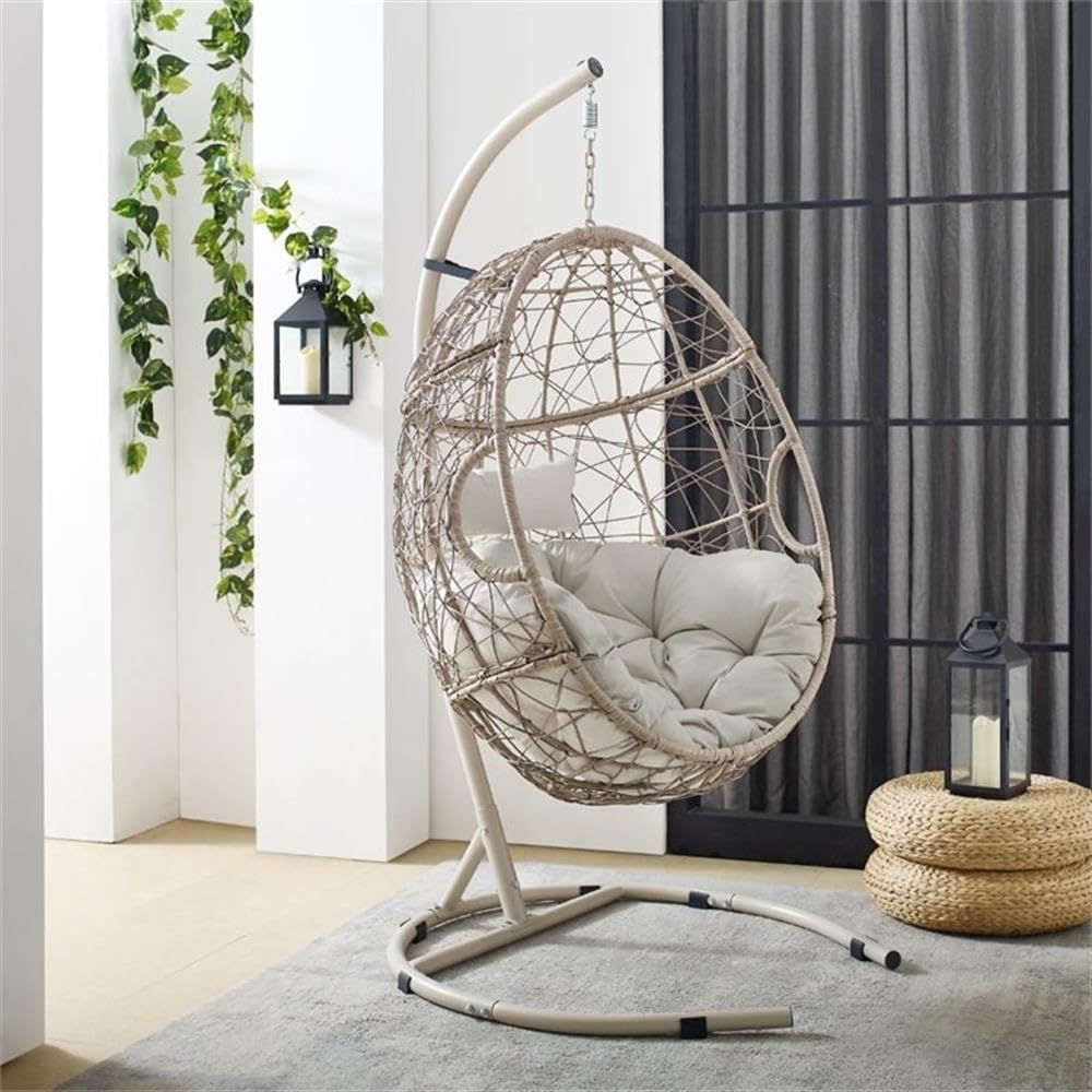 Light Beige Coastal Wicker Rattan Outdoor Hanging Egg Chair - Perfect for Patio, Garden, Poolside & Backyard Relaxation