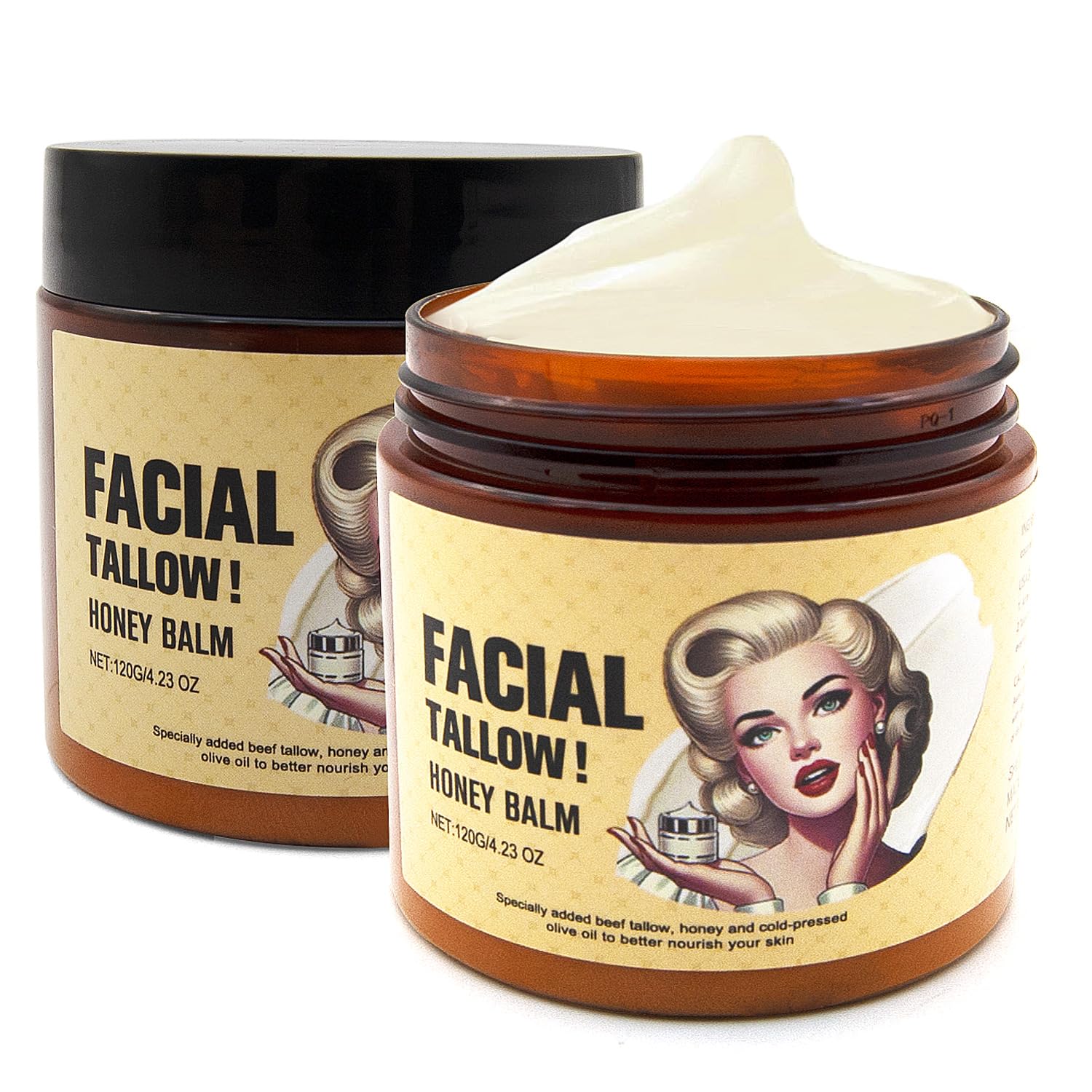 Organic Grass-Fed Beef Tallow Moisturizer & Honey Balm for Face & Body - Natural Skin Care Cream, Lotion for Dry & Sensitive Skin - Perfect for Daily Hydration & Nighttime Repair (2-Pack)