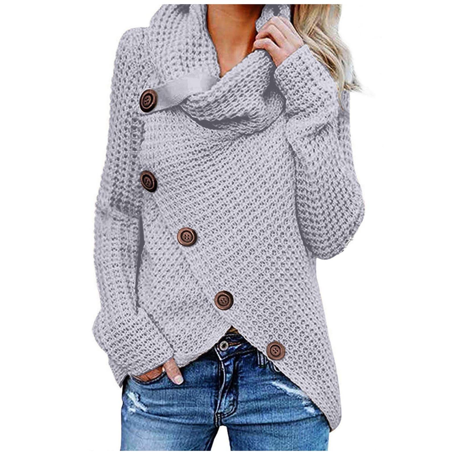 Women's Cowl Neck Waffle Knit Pullover Top - Solid Button Up Long Sleeve Loose Fit Asymmetric Hem Wrap Blouse for Casual Wear & Fall Layering