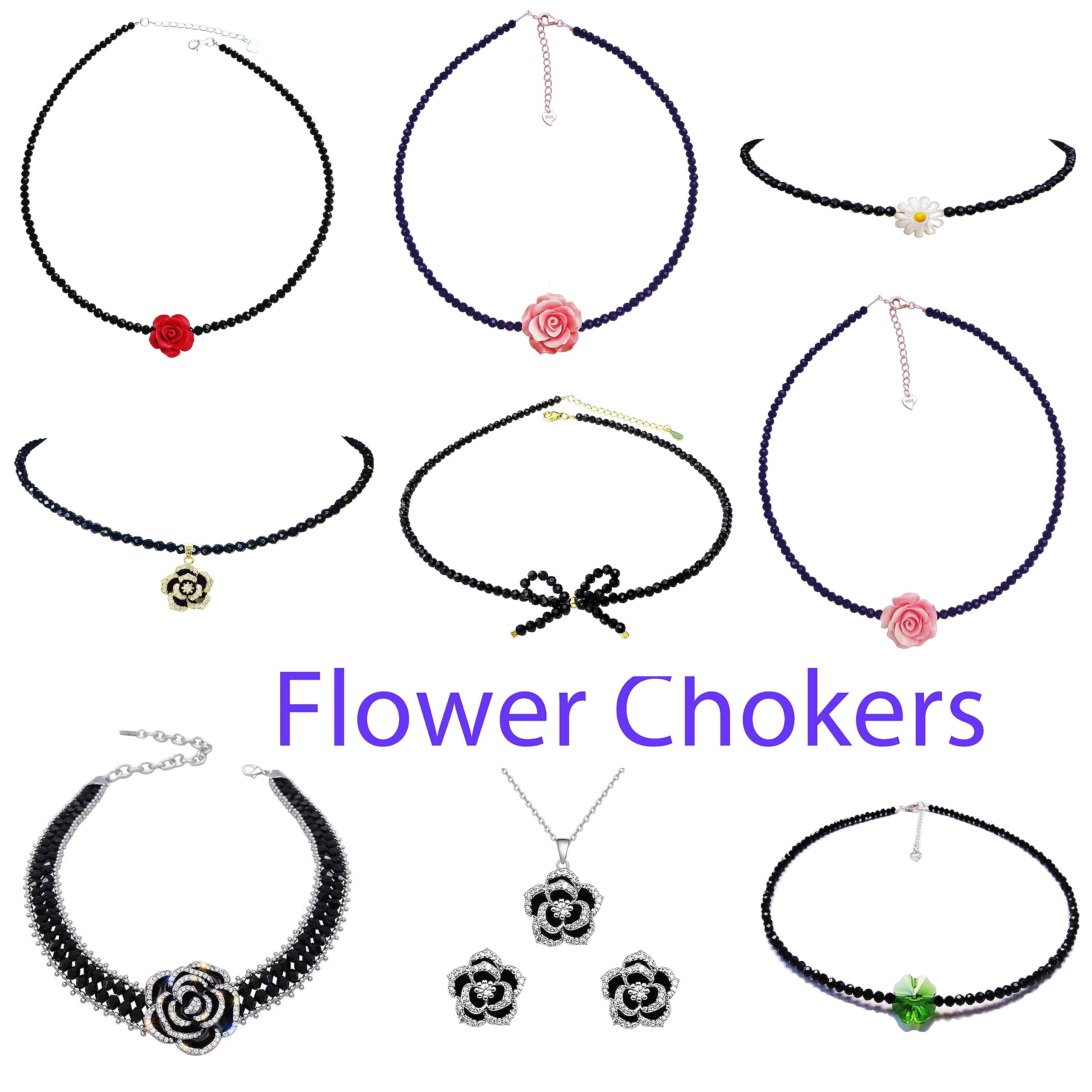 **Red Rose Choker Necklace - 925 Sterling Silver Black Spinel Beads & 15MM Flower Pendant - Adjustable 13+2