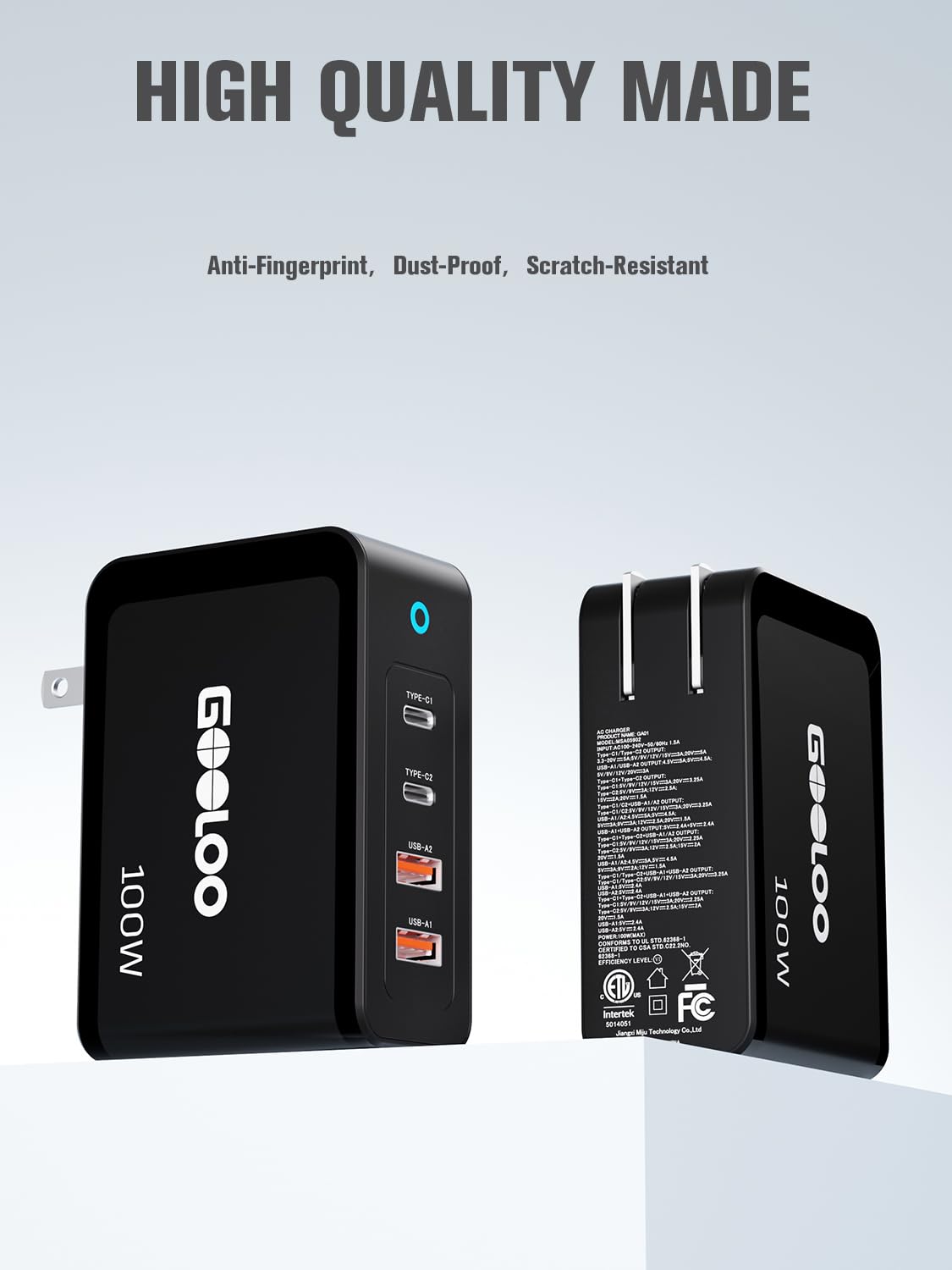 Gooloo 100W USB C Charger Block, 4-Port Fast Wall Charger for MacBook Pro/Air, iPad, iPhone, Samsung Galaxy - Compact Foldable Design - SuperSafe Power Adapter for Gooloo GT4000S/GT3000 Jump Starters - Perfect for Travel, Office & Home Charging Station