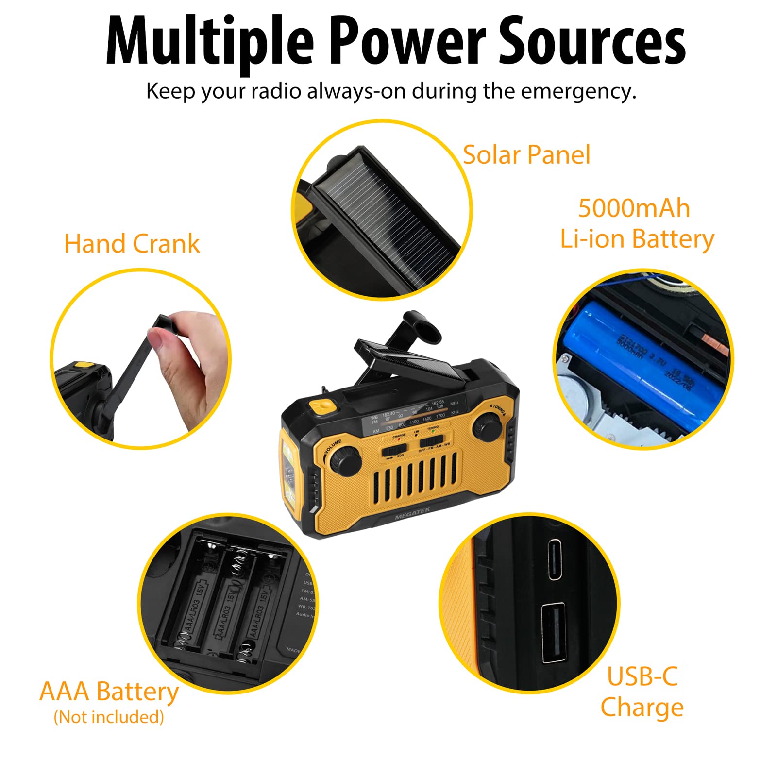 Megatek Emergency NOAA Weather AM/FM Radio - 5000mAh Solar & Hand Crank Power Bank with USB-C Phone Charger, Flashlight & Reading Light - Perfect for Camping, Hiking & Emergency Preparedness