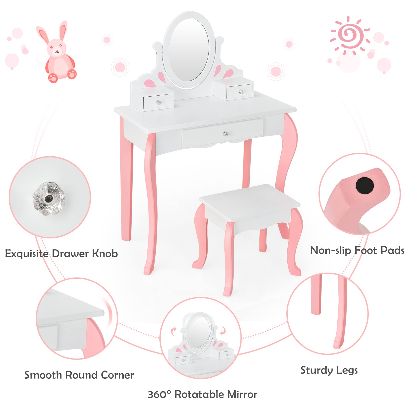 Olakids 2-in-1 Wooden Princess Vanity Set with 360° Rotating Mirror & Storage Drawer - Kids Makeup Table & Chair for Girls, Pretend Play Beauty Dressing Toy Gift (White) - Perfect for Bedroom Decor & Role Play Activities
