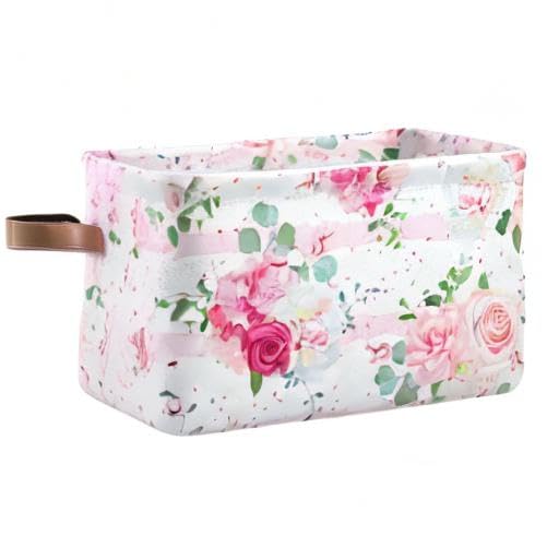 Pink Rose Floral Square Storage Baskets - 2 Pack Canvas Closet Organizer Bins for Home & Office - Perfect for Shelves, Bathroom, Nursery & Bedroom Organization