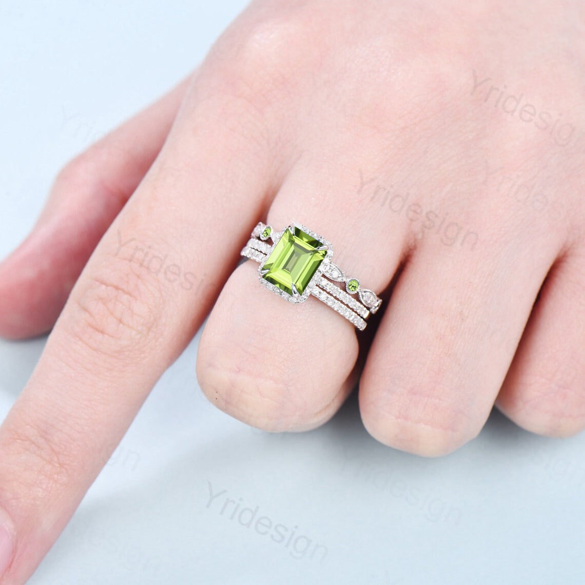 2CT Emerald Cut Peridot Engagement Ring Set with Halo Diamonds in Solid 14K White Gold - Wedding, Bridal, Anniversary Gift for Her - Perfect for Proposals, Vows Renewal & Special Occasions