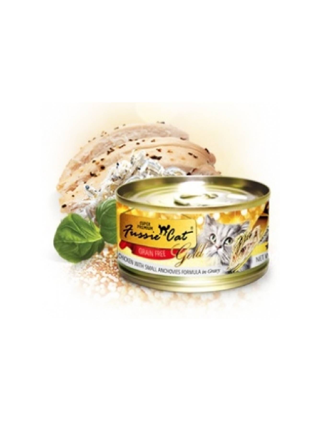 Fussie Cat Super Premium Gold Label Chicken & Small Anchovies Wet Cat Food - 80g Can, Grain-Free, High Protein for Adult & Senior Cats - Perfect for Picky Eaters & Indoor Cats