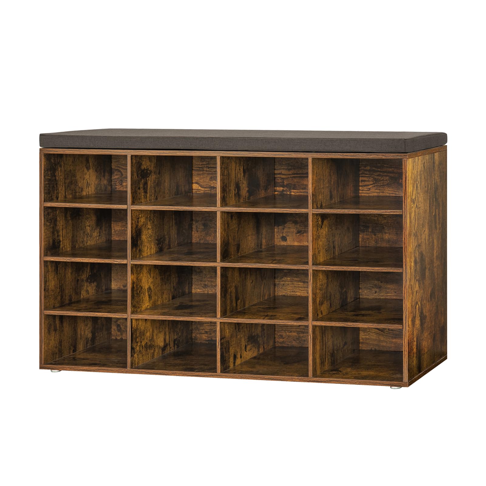 DINZI LVJ 16-Cubby Shoe Storage Bench with Cushion - Adjustable Shelves Multifunctional Shoe Organizer for Entryway, Mudroom, Hallway - Rustic Brown | Perfect for Small Spaces, Home Organization & Shoe Display