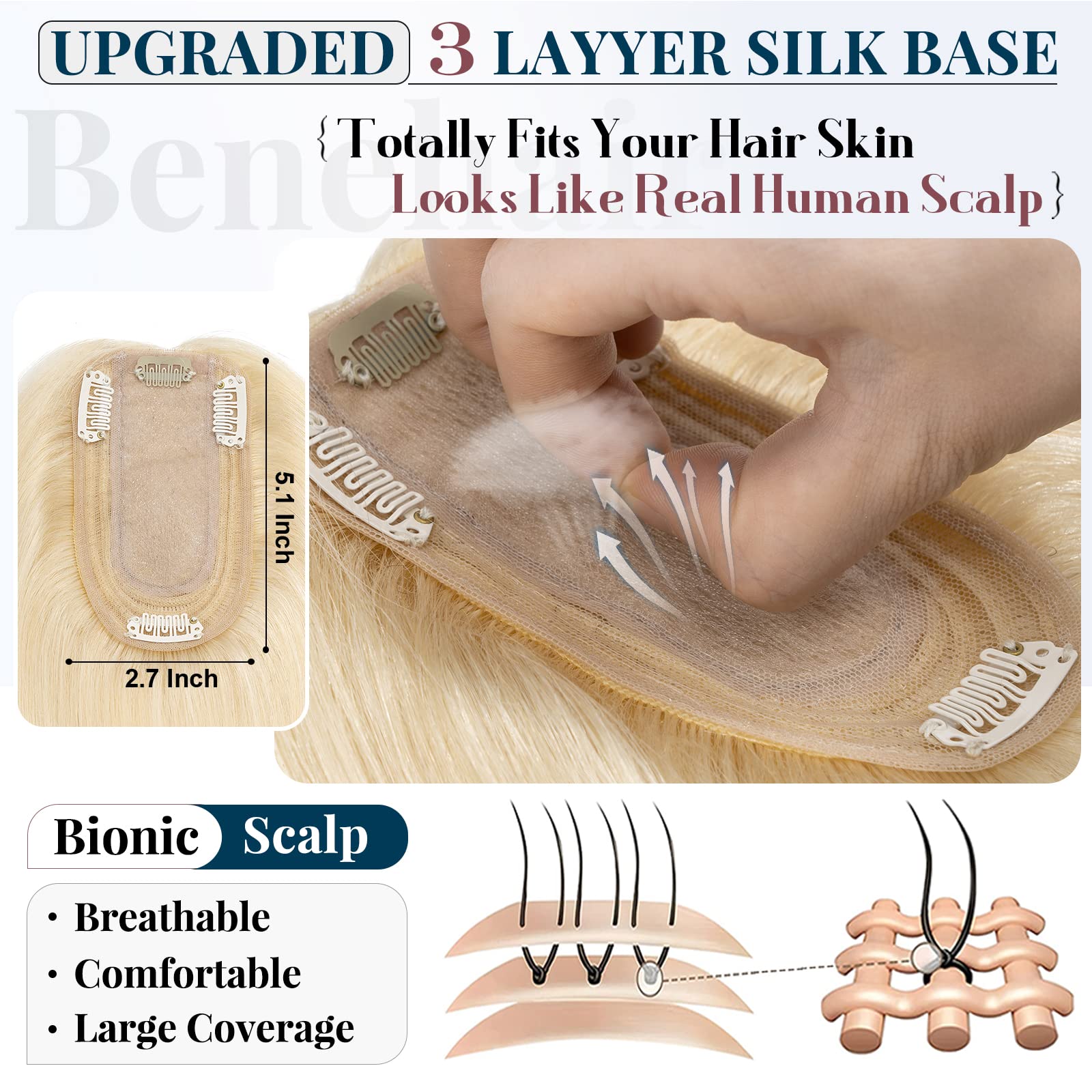 Benehair Clip-in Human Hair Topper for Women with Thinning Hair - 12 Inch 38g Remy Silk Base Hairpiece #613 Bleach Blonde - Natural Looking Hair Extensions for Daily Wear & Special Occasions