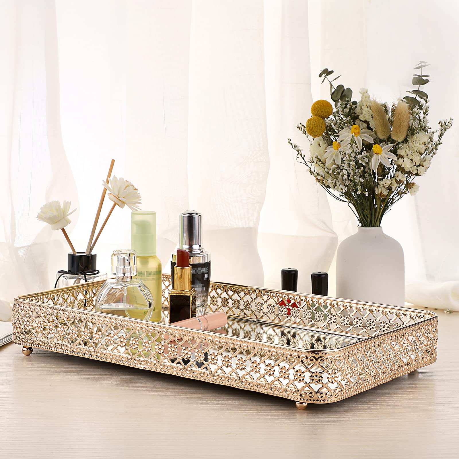 ELLDOO Gold Vanity Tray for Jewelry & Makeup - Large Hollow-Carved Glass & Metal Organizer with Mirror - Perfect for Dresser, Bathroom Countertop, and Bedroom Decor | Gift Idea for Women