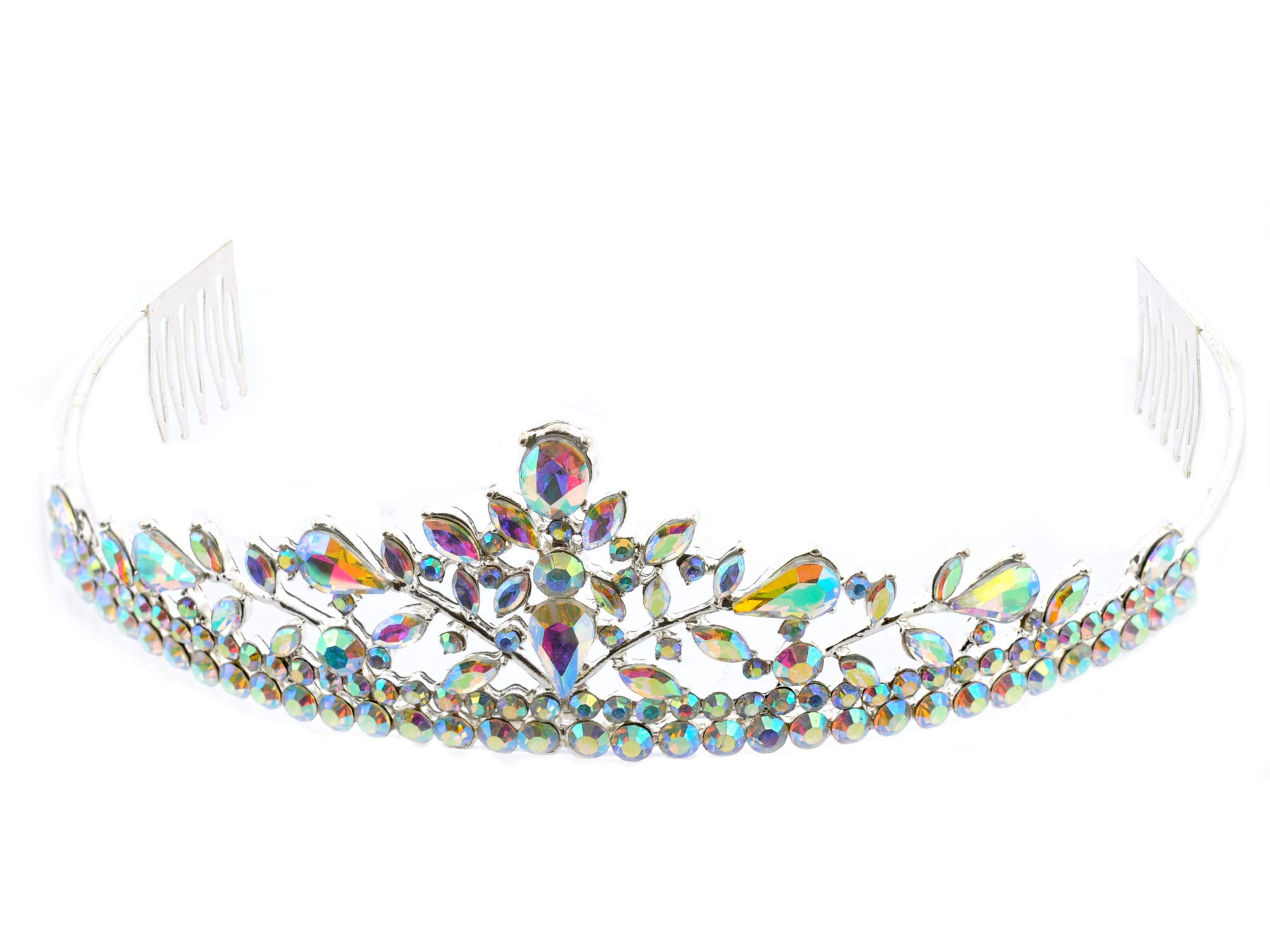 Elegant Silver Plated Wedding Tiara with Aurora Borealis Crystals & Marquise Stones - Perfect for Brides, Prom, and Special Occasions