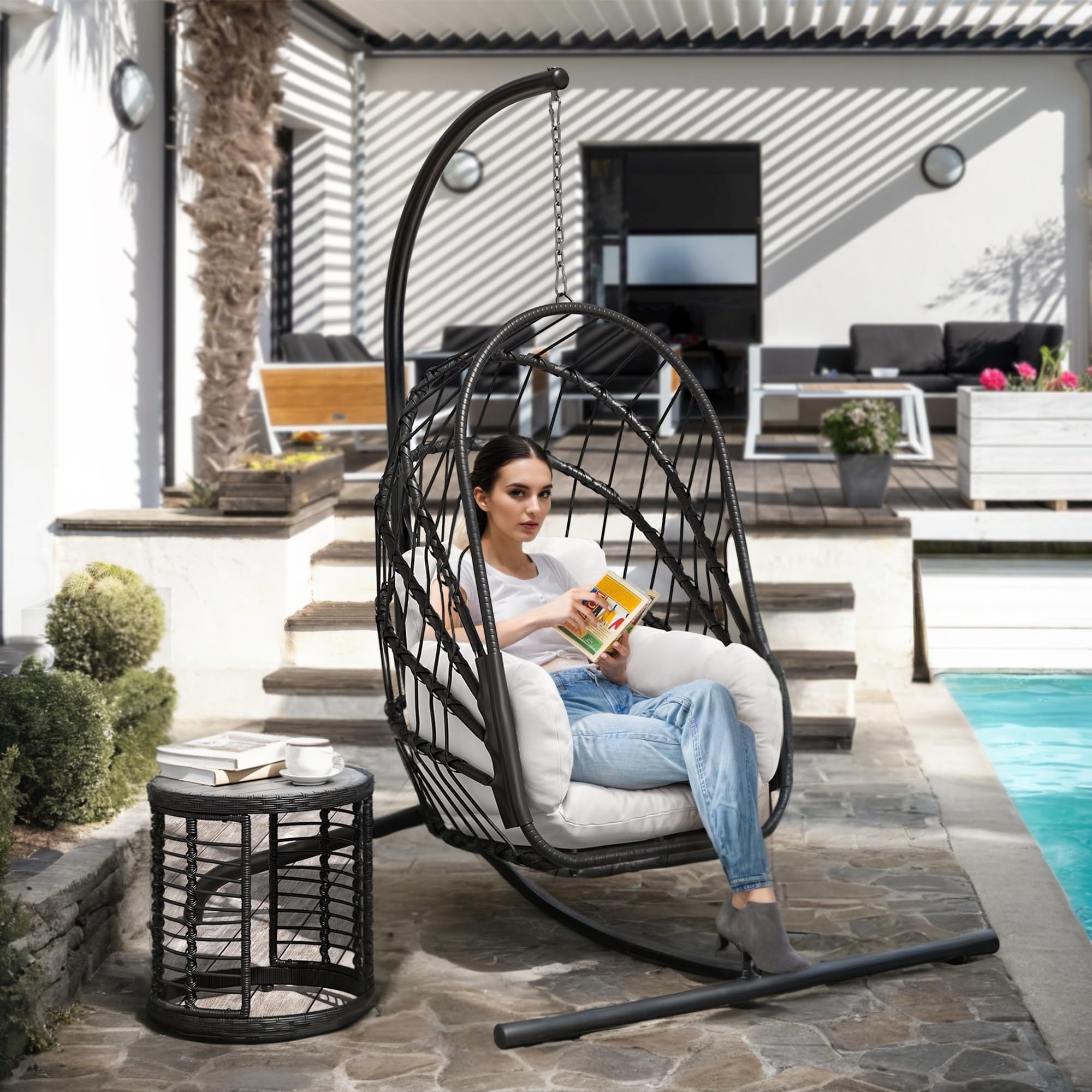 DWVO Foldable Wicker Egg Swing Chair 450lbs Capacity - Hanging Hammock with Cushions & Stand, Indoor/Outdoor Patio Swing Chair for Bedroom, Garden, Balcony (Grey) - Perfect for Relaxing, Reading & Lounging in Your Backyard or Sunroom