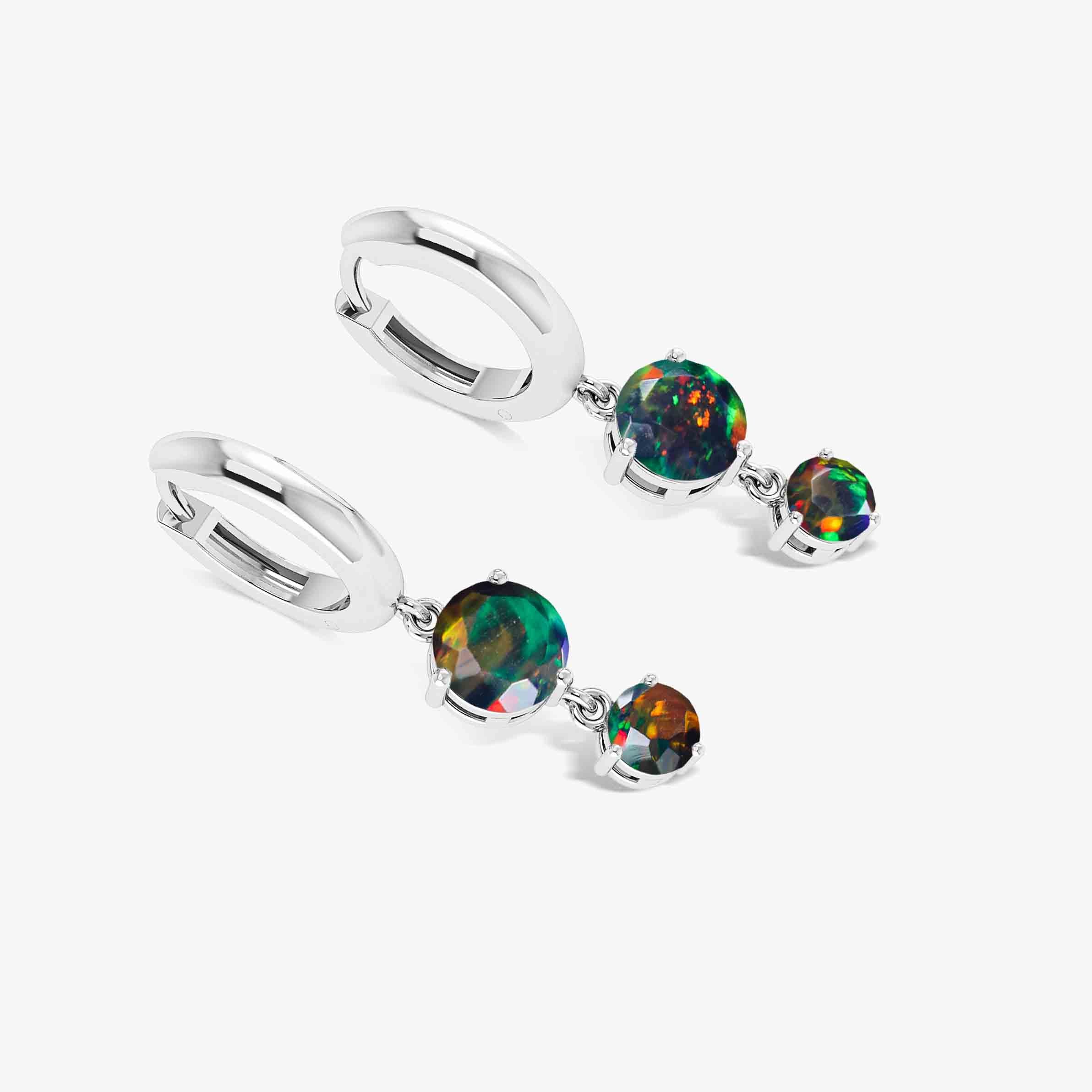 2 Round Stone Natural Black Opal Drop Hoop Earrings for Women - Elegant Dangle Jewelry for Party, Wedding & Everyday Wear