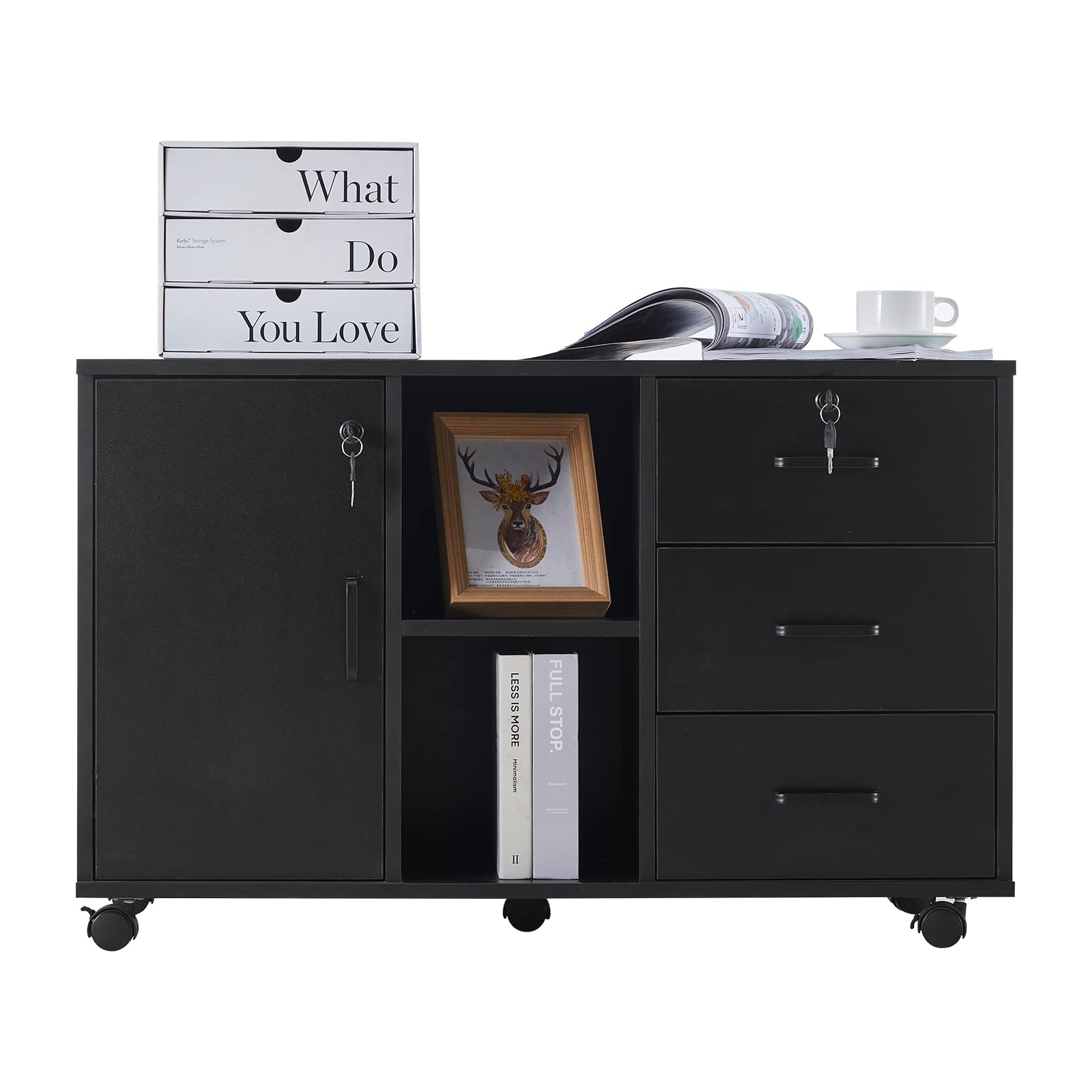 CLIPOP Mobile Office Cabinet with 3 Drawers (1 Lockable) - Under Desk Rolling File Storage Cabinet with Open Shelves & 5 Wheels - Printer Stand Organizer for Home Office (Black) - Perfect for Small Spaces, Document Storage & Workspace Organization