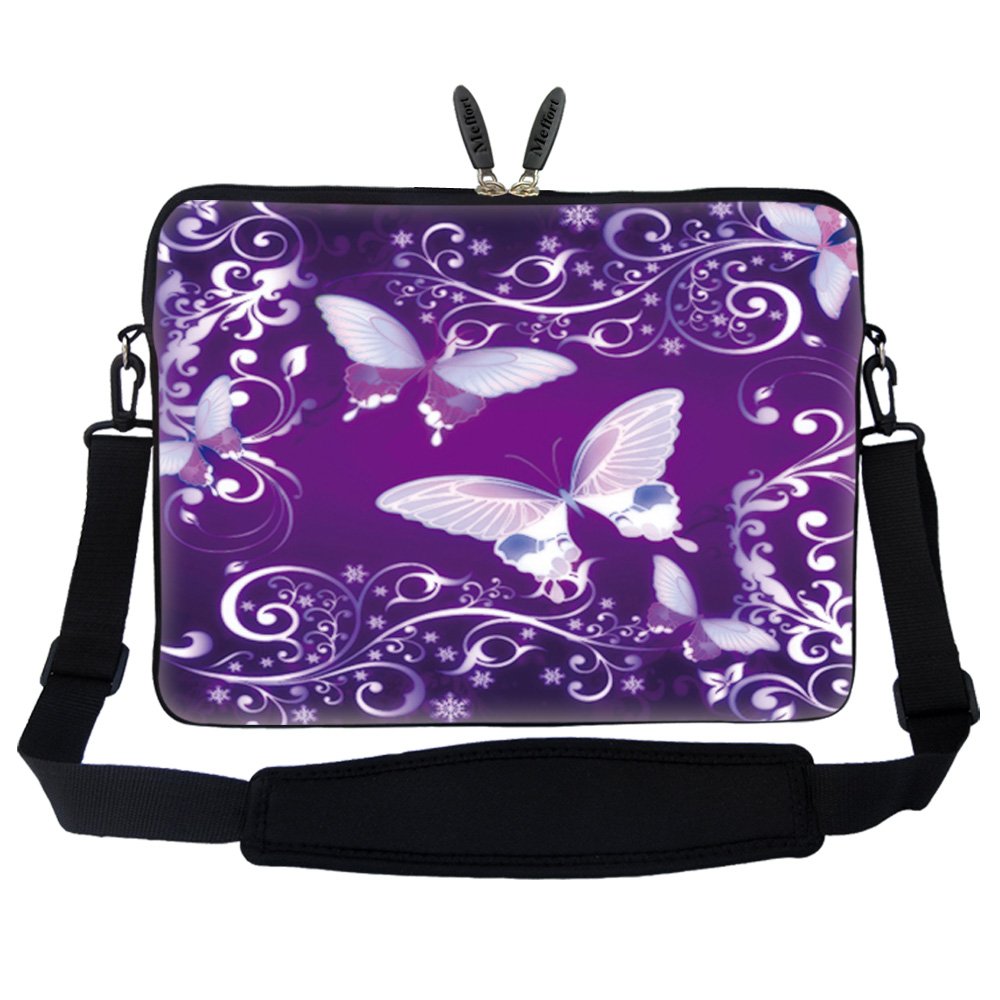 Meffort 15.6 Inch Neoprene Laptop Sleeve Case with Hidden Handle & Adjustable Shoulder Strap - Purple Butterfly Design for MacBook, Dell, HP - Perfect for Travel, School & Office Use